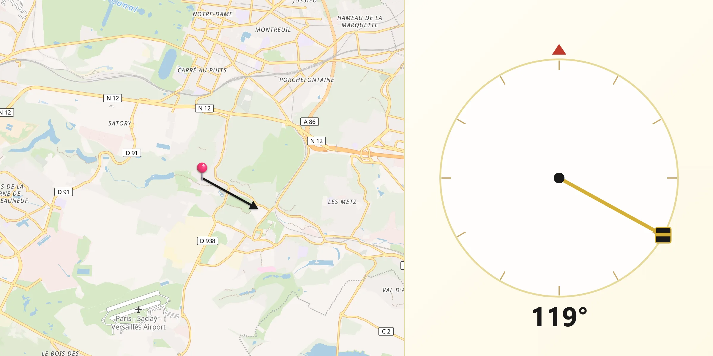 Direction vers la Qibla depuis Buc