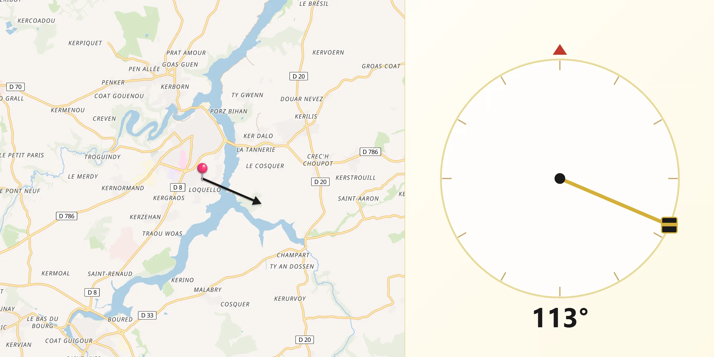 Direction vers la Qibla depuis Minihy-Tréguier