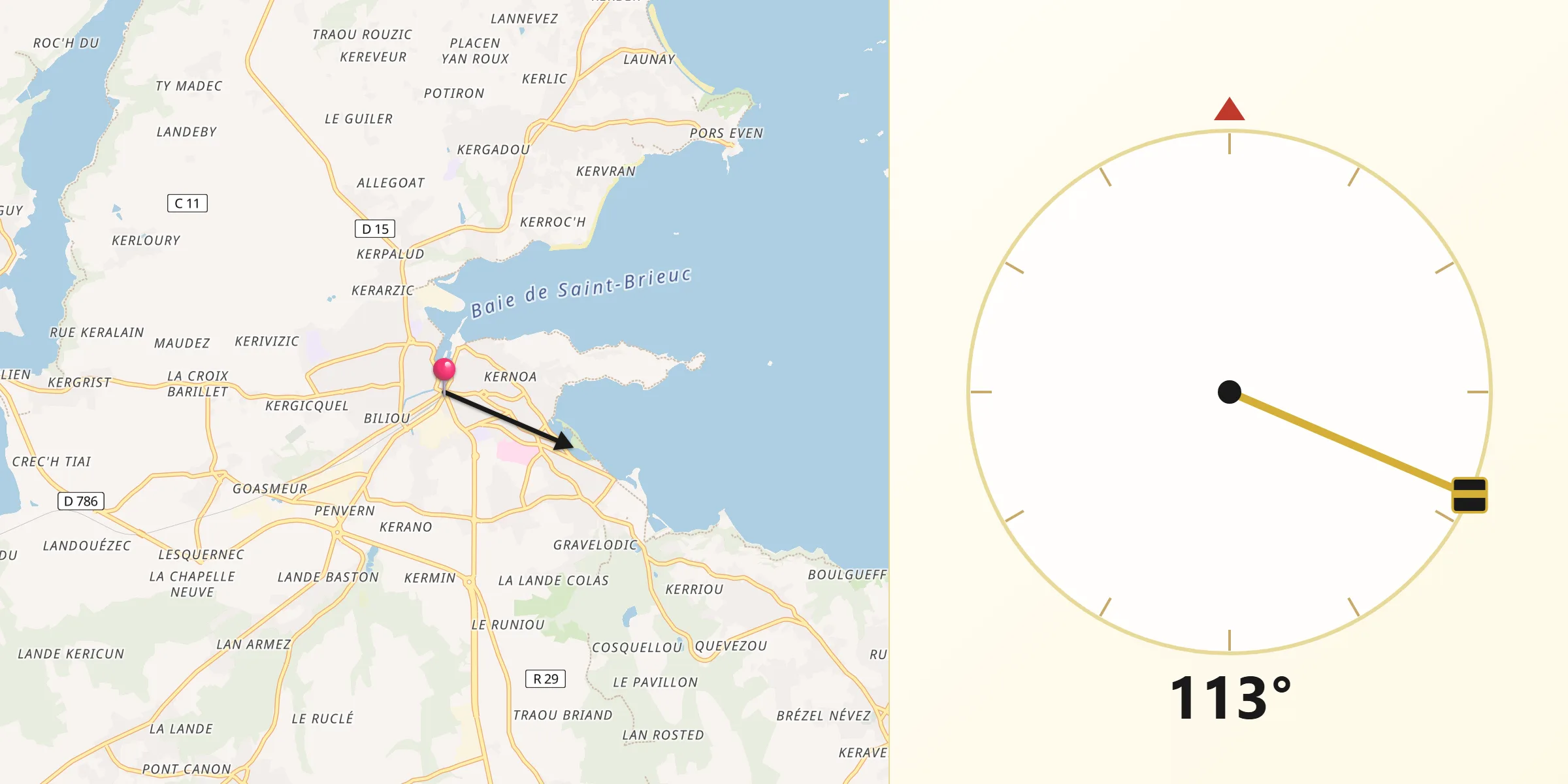 Direction vers la Qibla depuis Paimpol