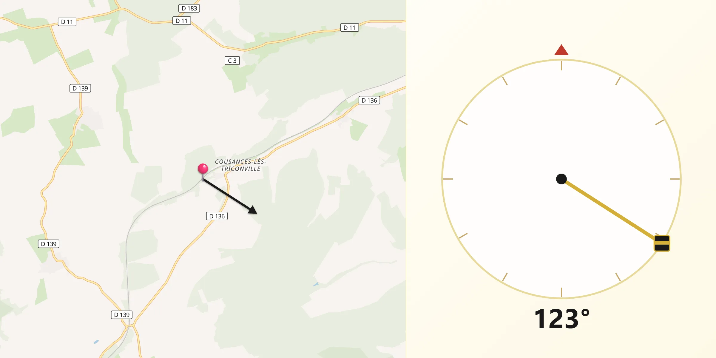 Direction vers la Qibla depuis Grimaucourt-près-Sampigny