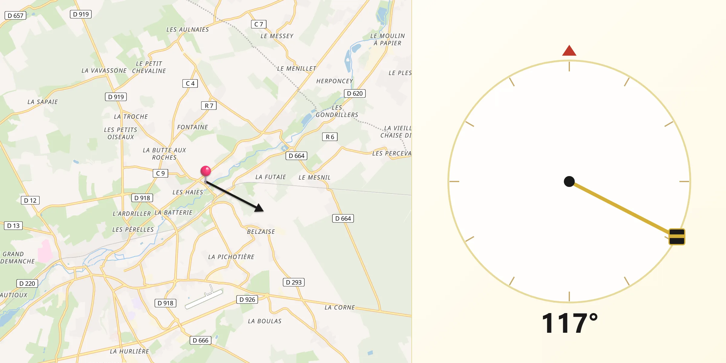 Direction vers la Qibla depuis Saint-Sulpice-sur-Risle