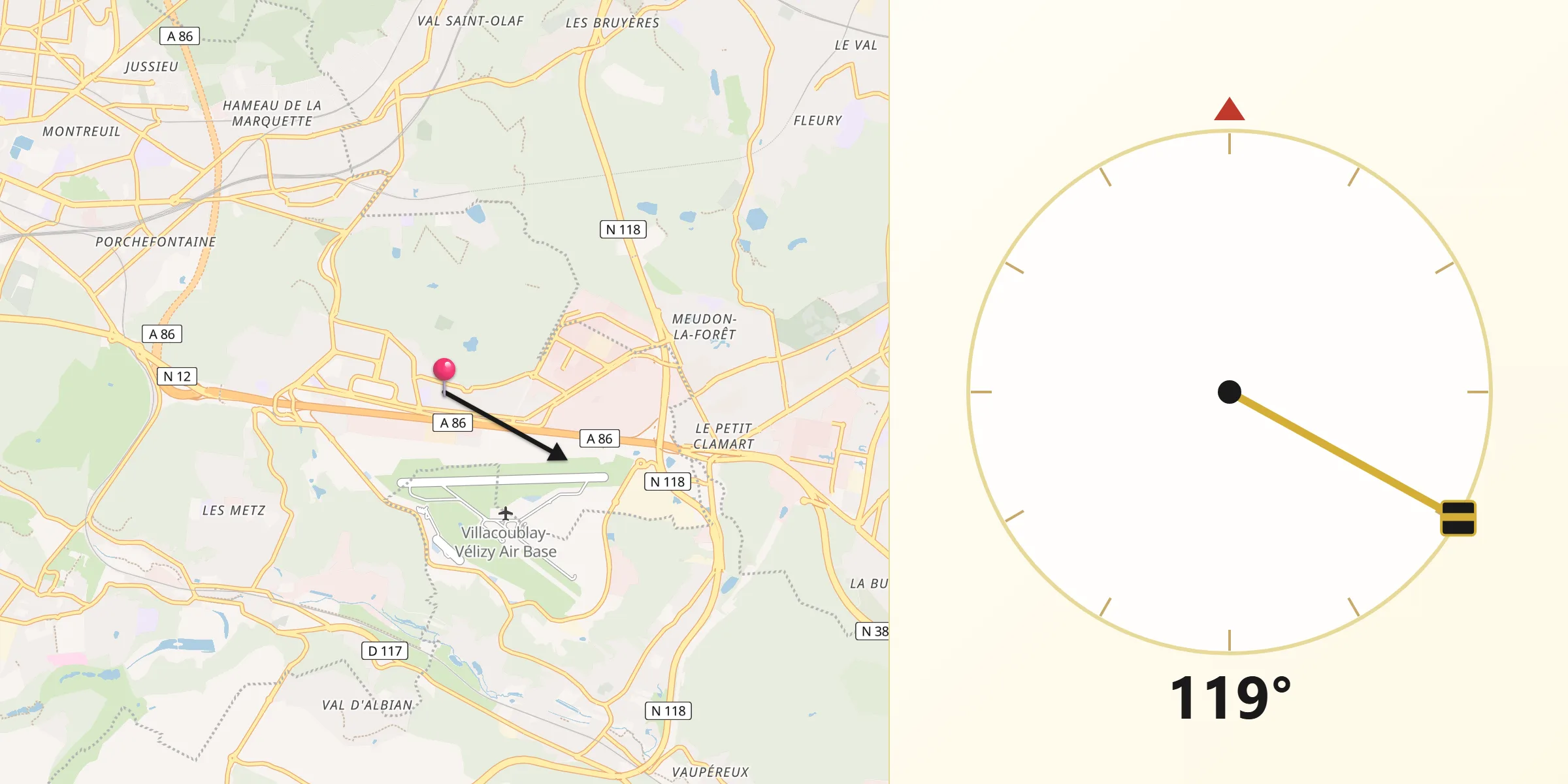 Direction vers la Qibla depuis Vélizy-Villacoublay
