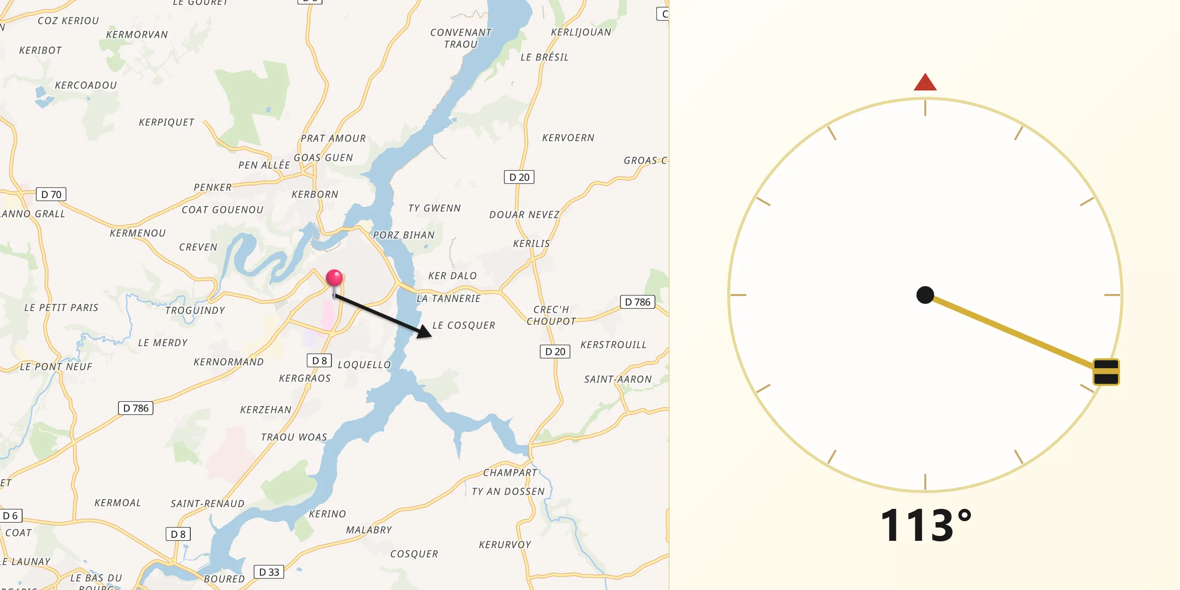 Direction vers la Qibla depuis Tréguier