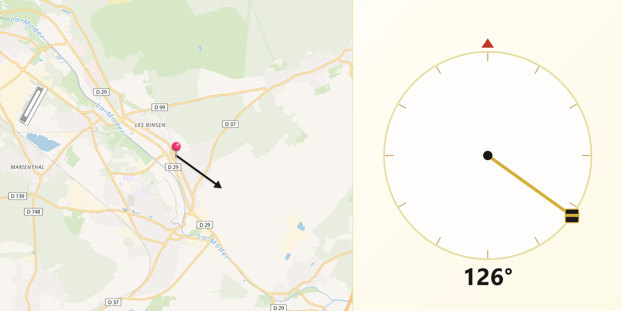 Direction vers la Qibla depuis Oberhoffen-sur-Moder