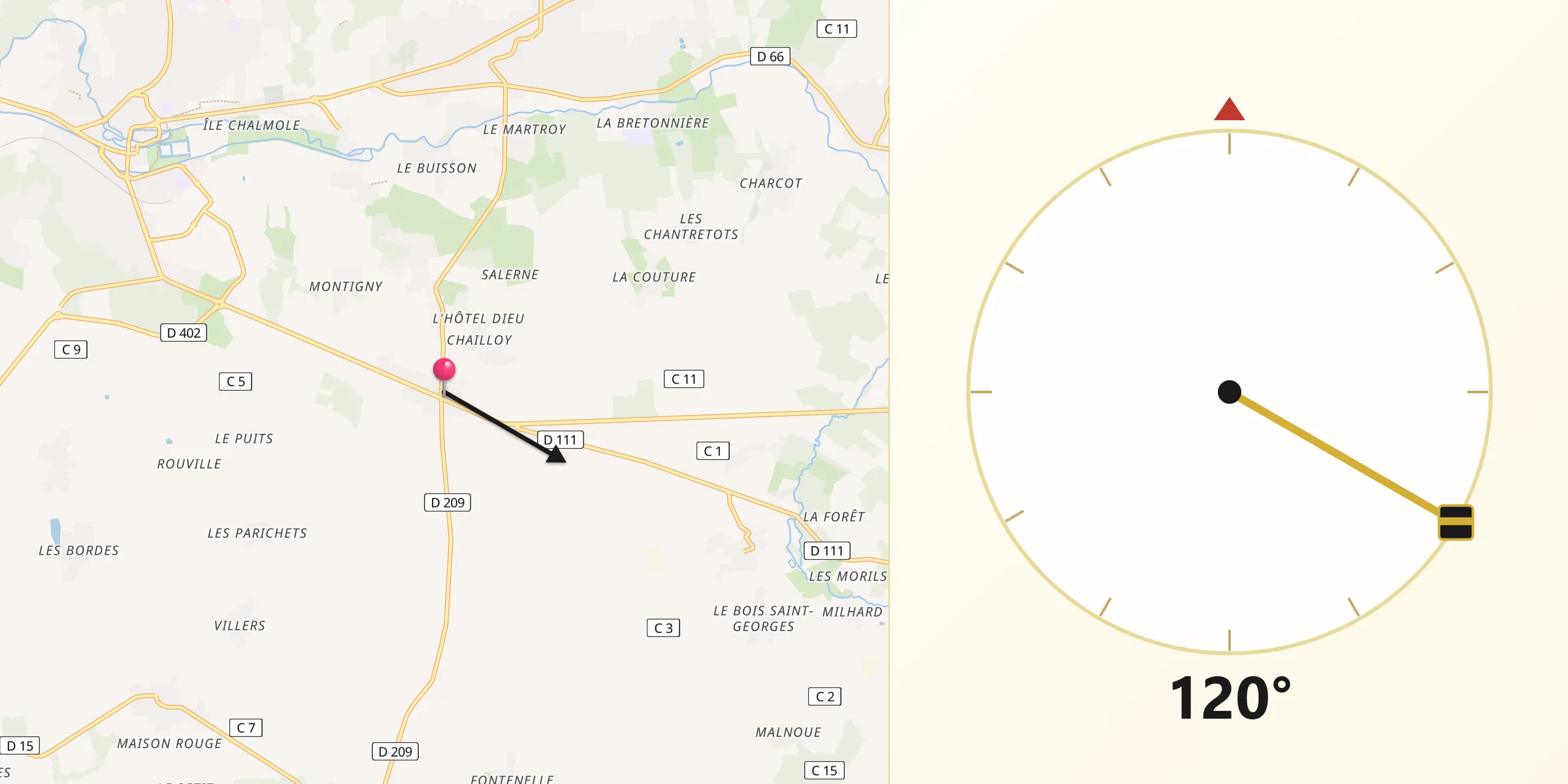 Direction vers la Qibla depuis Chailly-en-Brie