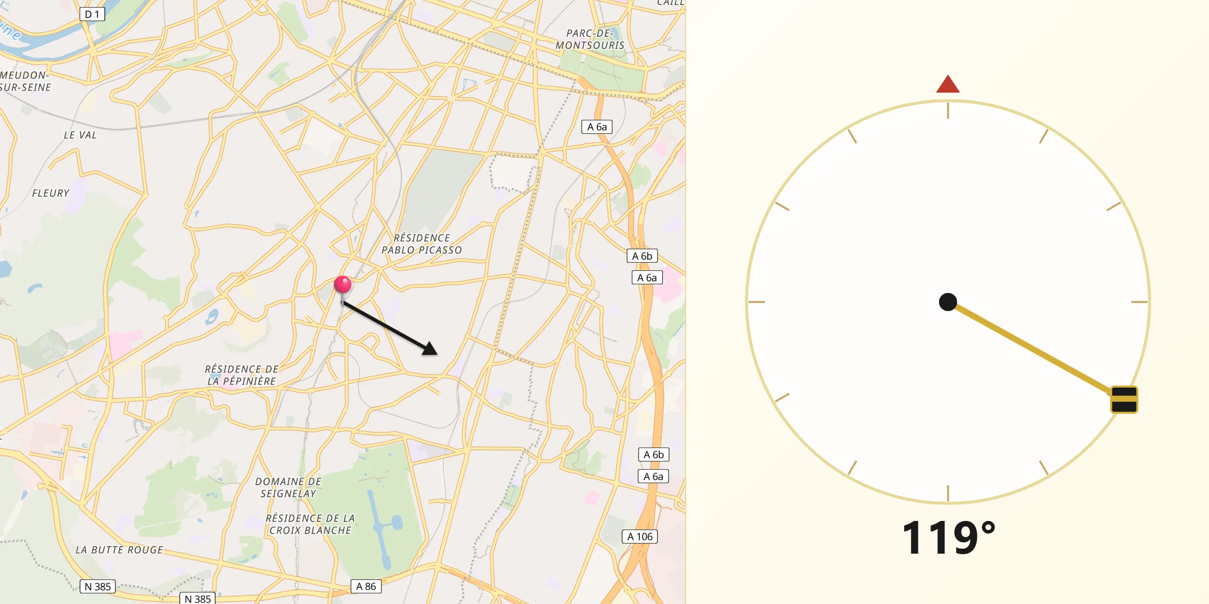 Direction vers la Qibla depuis Fontenay-aux-Roses
