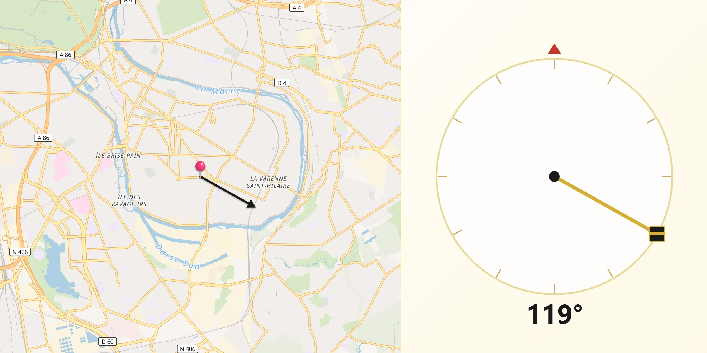 Direction vers la Qibla depuis Saint-Maur-des-Fossés