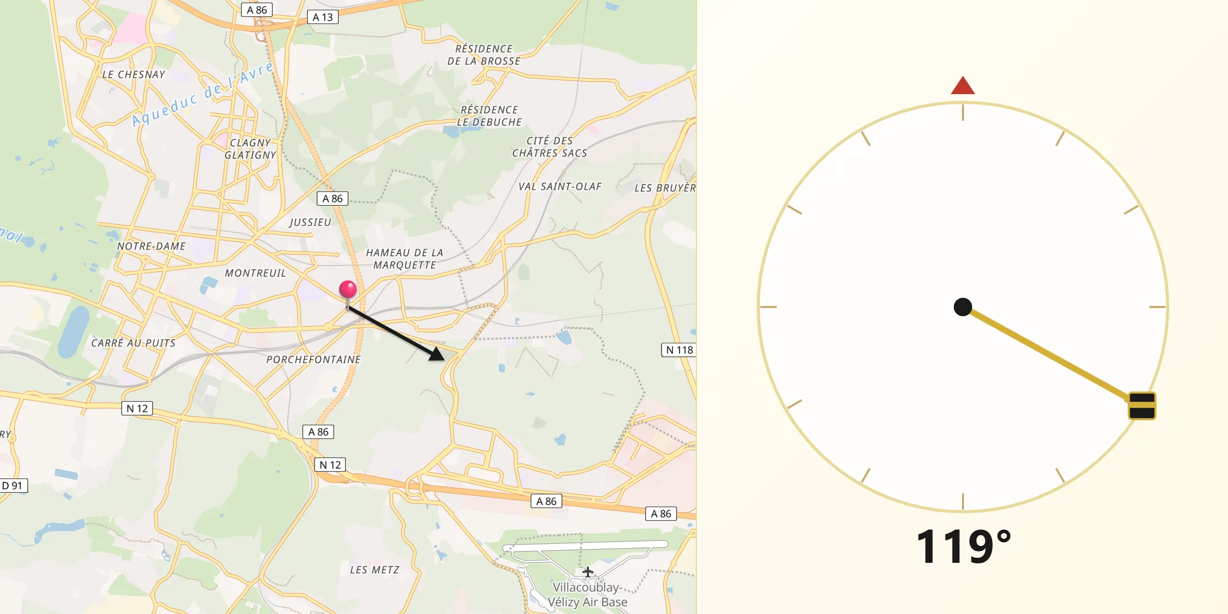 Direction vers la Qibla depuis Viroflay