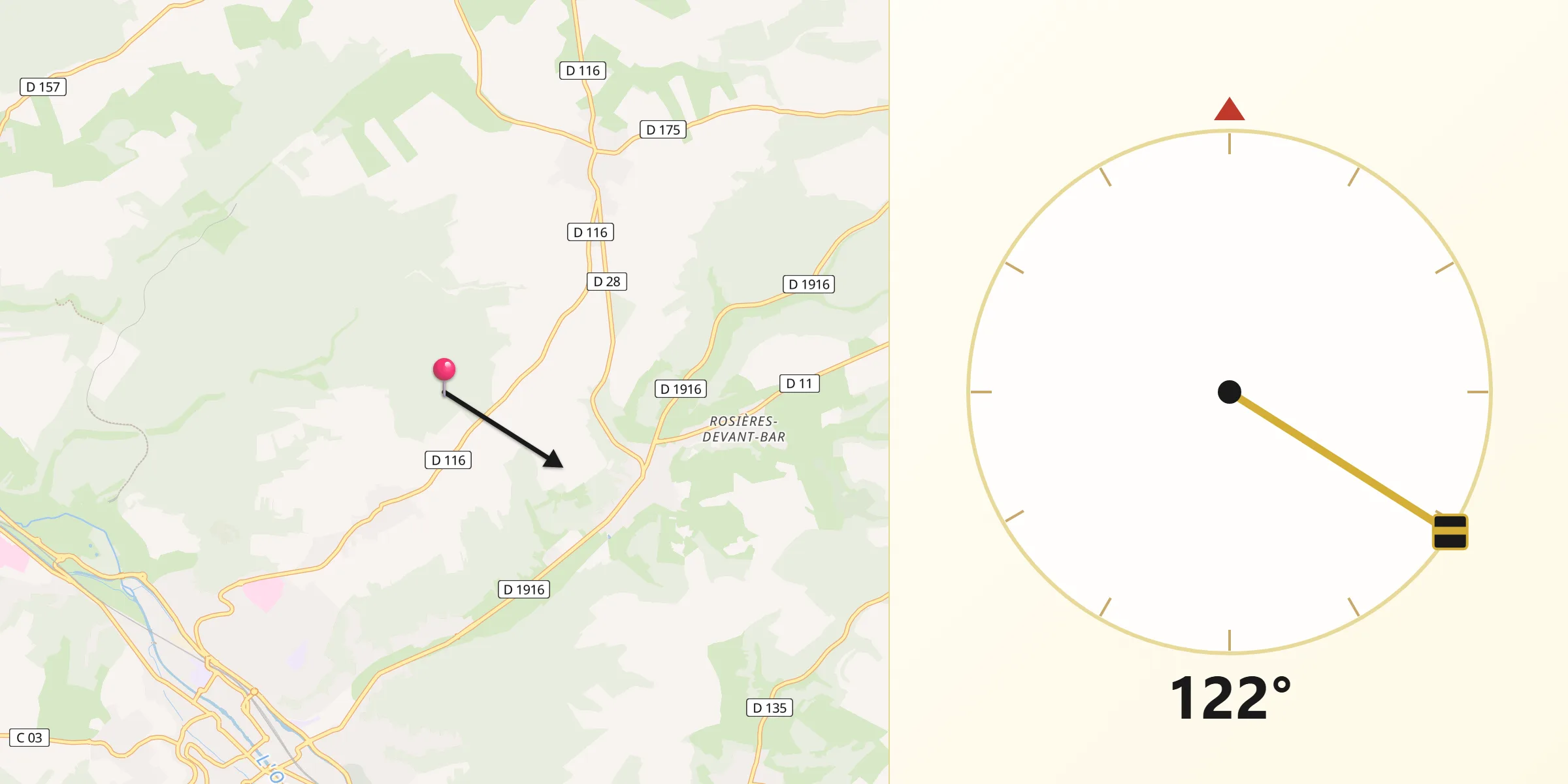 Direction vers la Qibla depuis Naives-Rosières