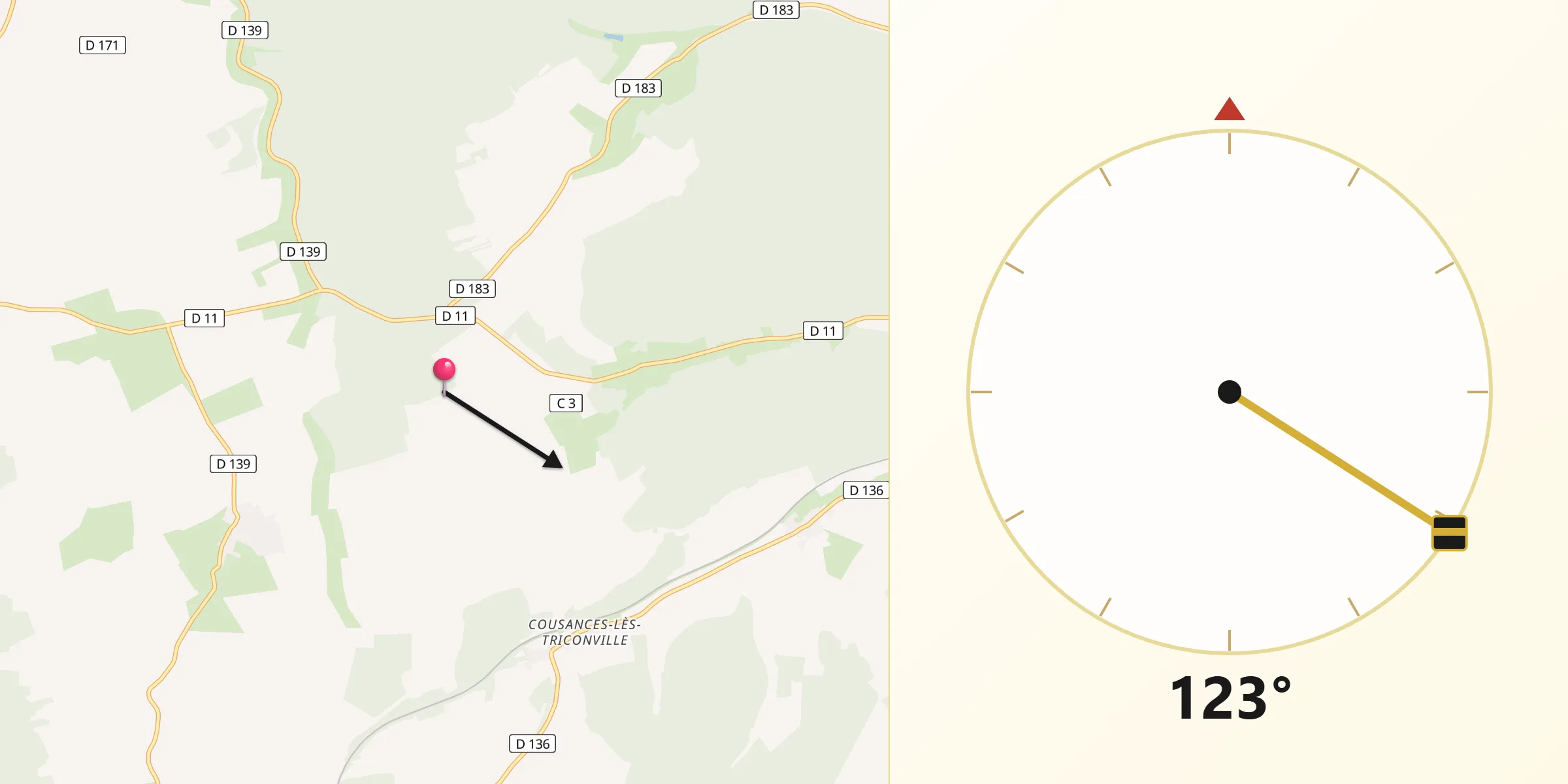 Direction vers la Qibla depuis Ménil-aux-Bois