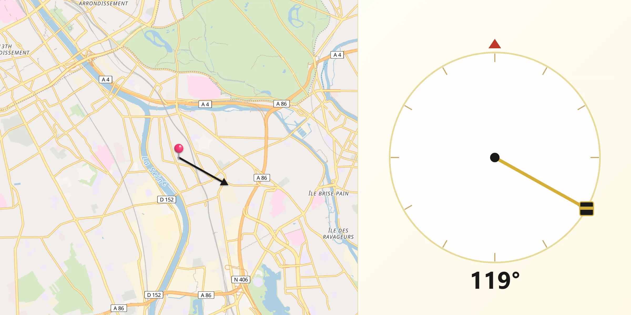 Direction vers la Qibla depuis Alfortville