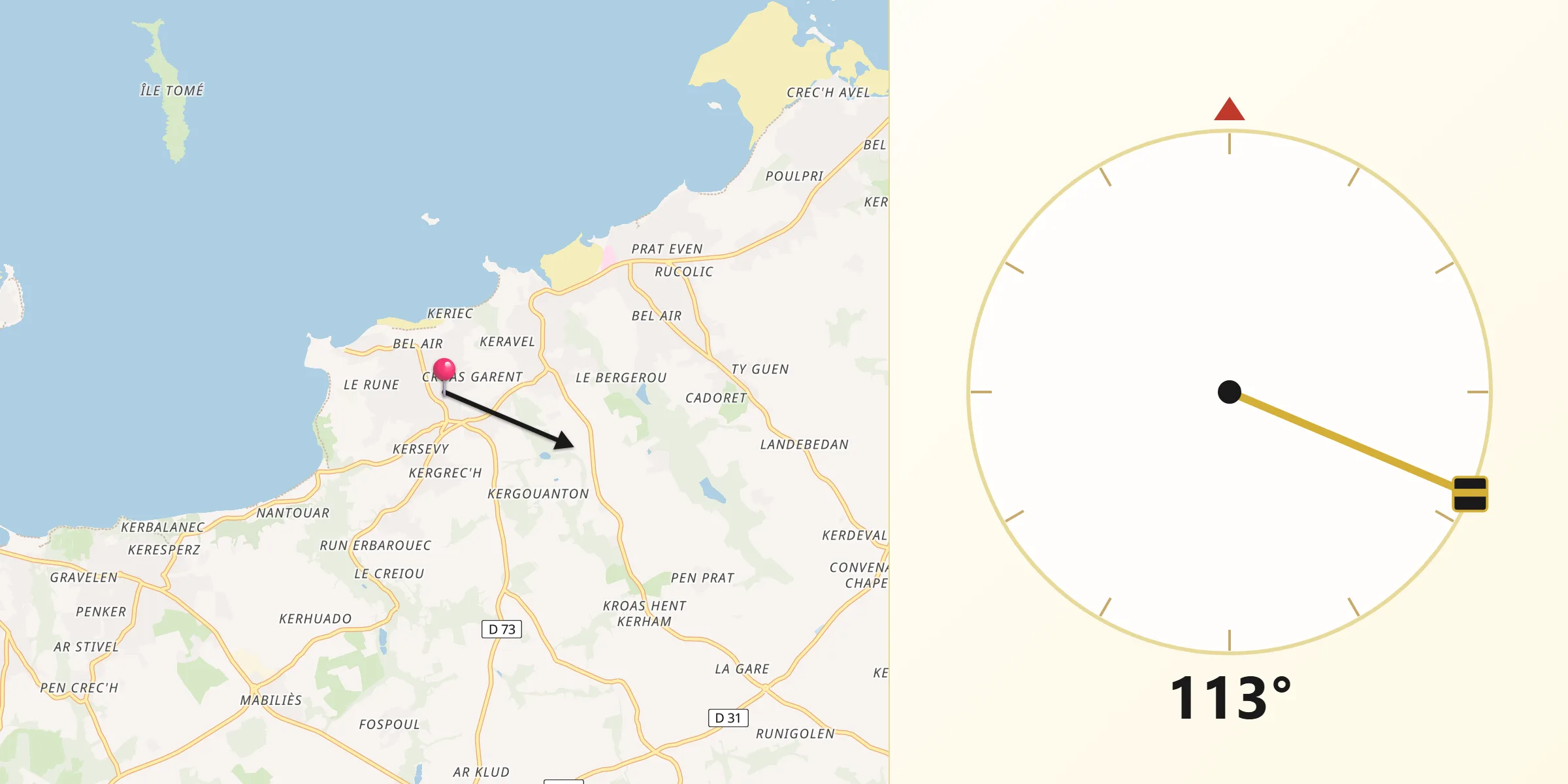 Direction vers la Qibla depuis Trélévern