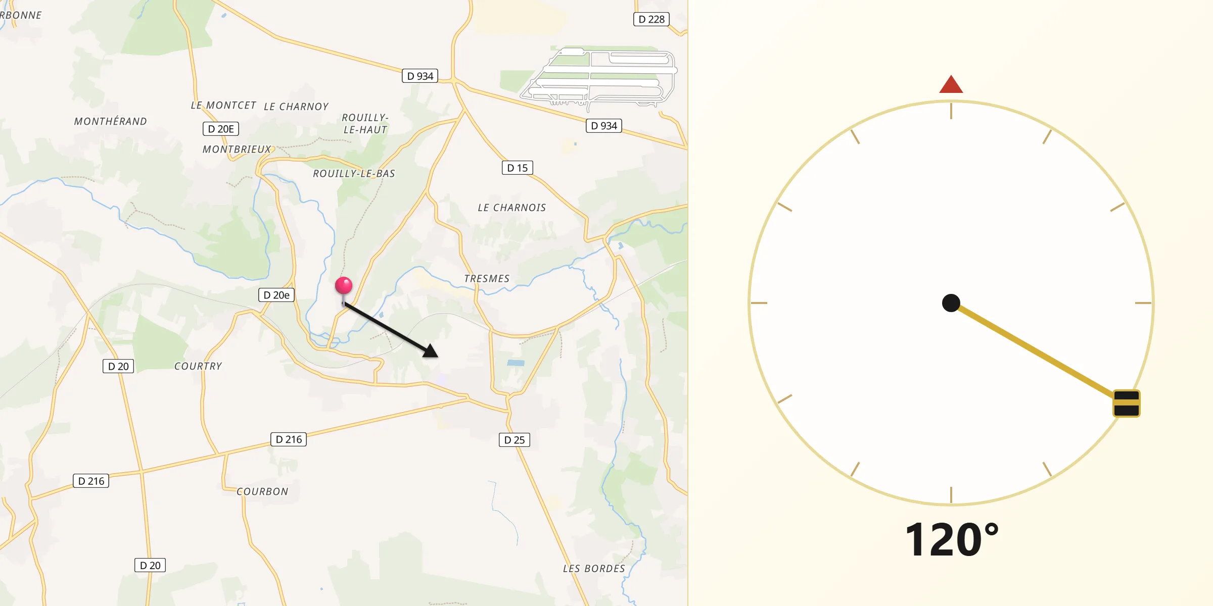 Direction vers la Qibla depuis La Celle-sur-Morin