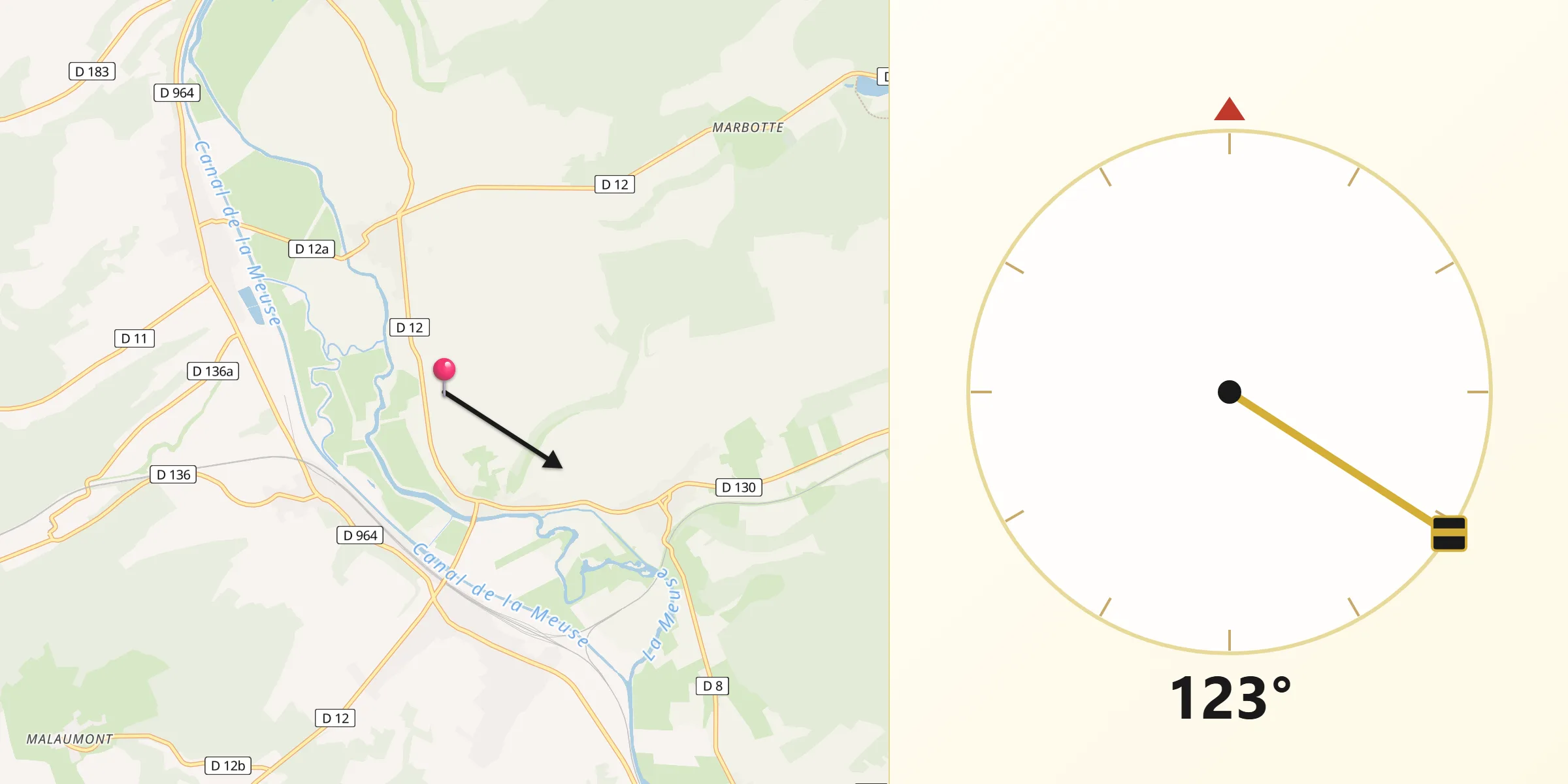 Direction vers la Qibla depuis Boncourt-sur-Meuse