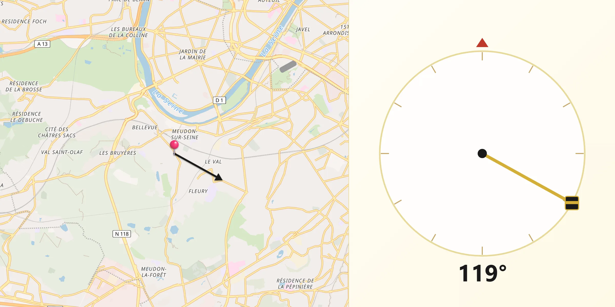 Direction vers la Qibla depuis Meudon