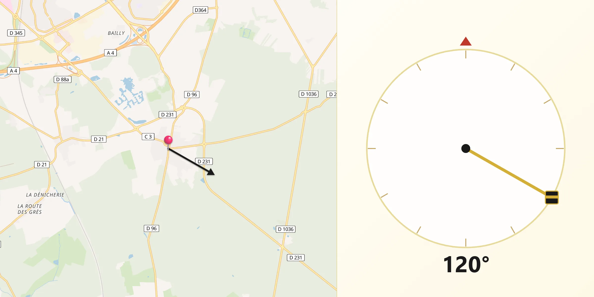 Direction vers la Qibla depuis Villeneuve-le-Comte