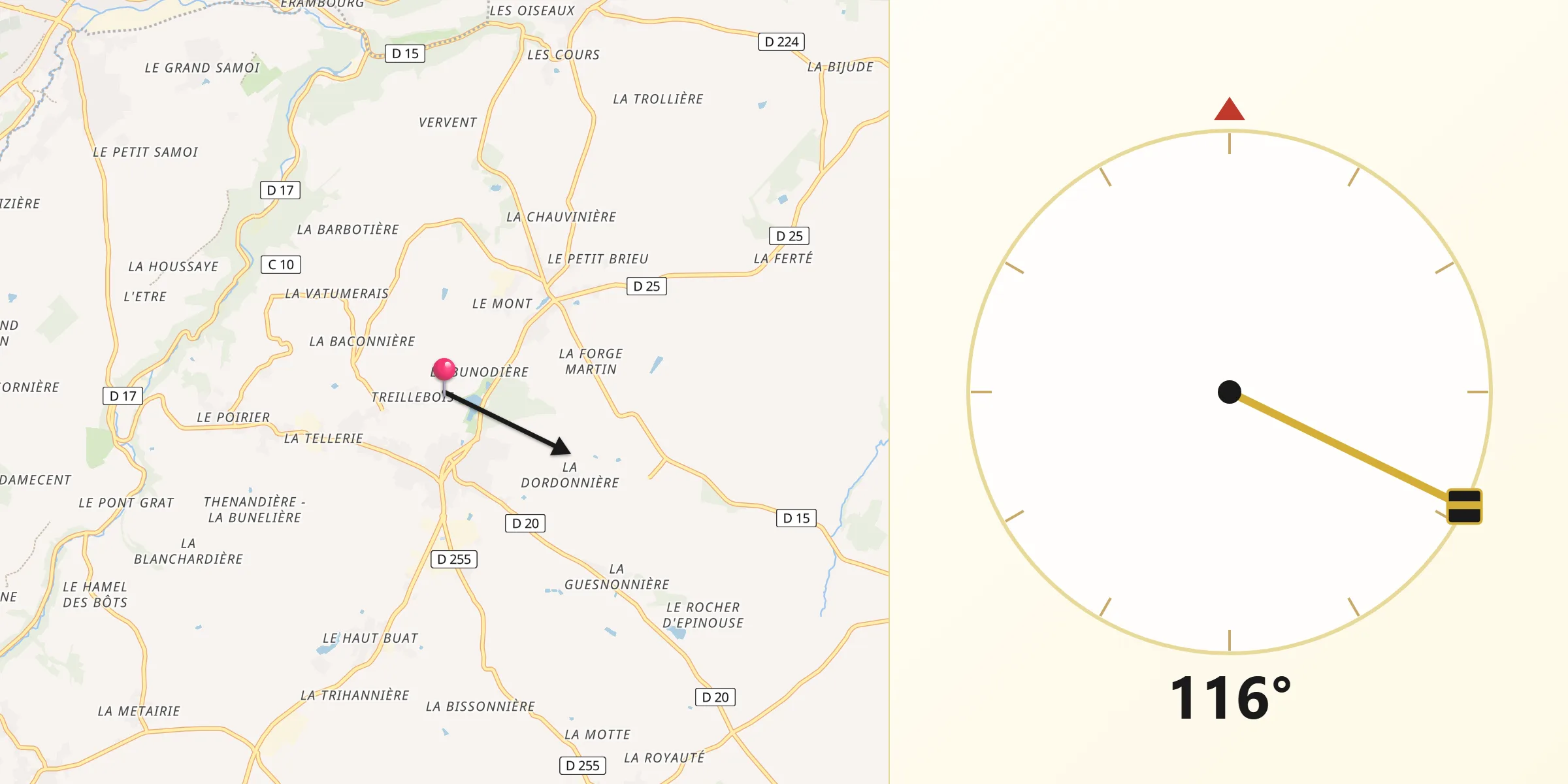 Direction vers la Qibla depuis Athis-de-l'Orne