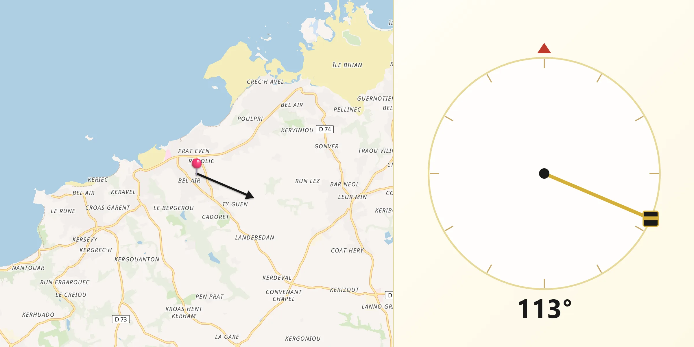 Direction vers la Qibla depuis Trévou-Tréguignec