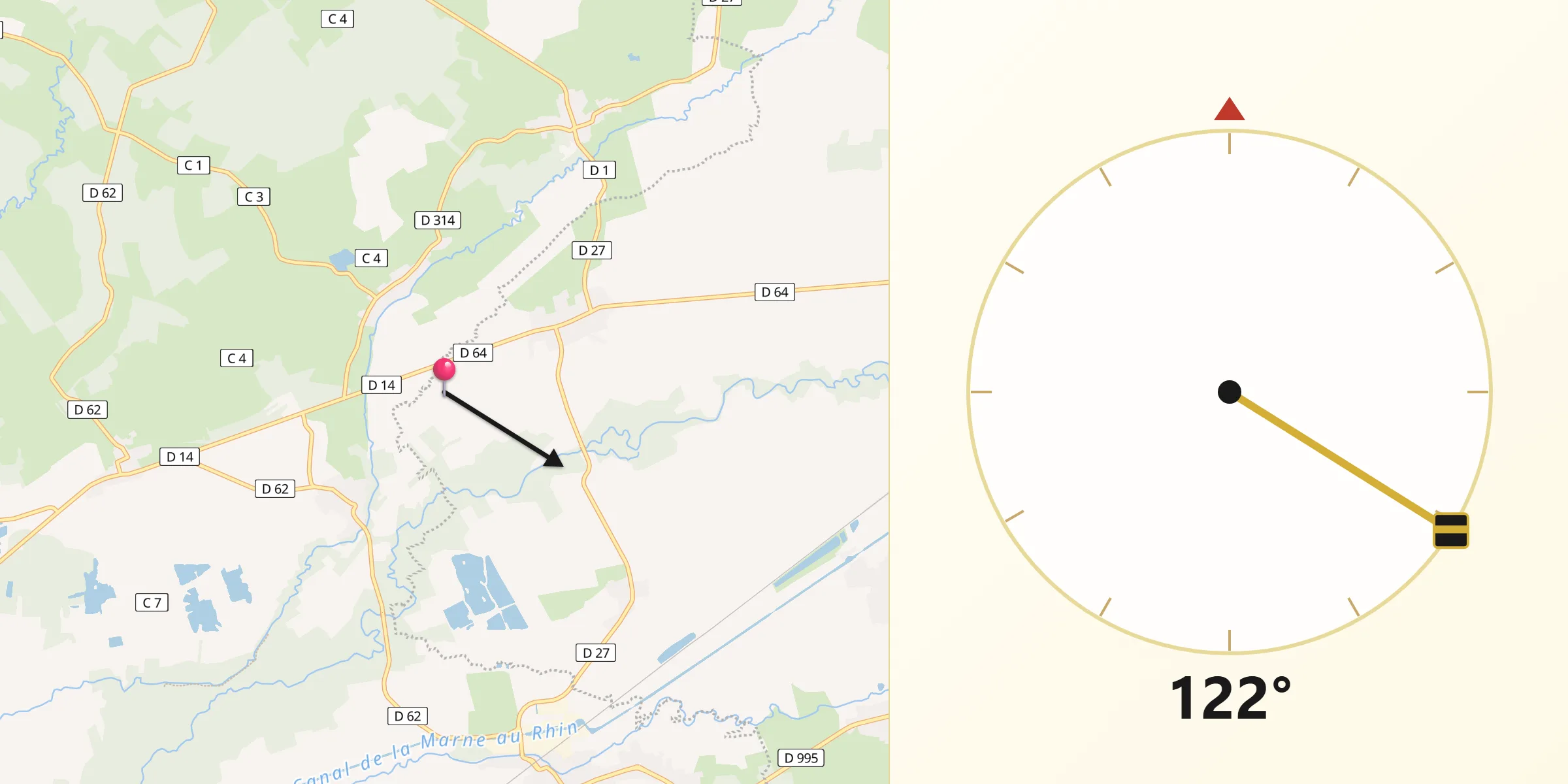 Direction vers la Qibla depuis Rancourt-sur-Ornain