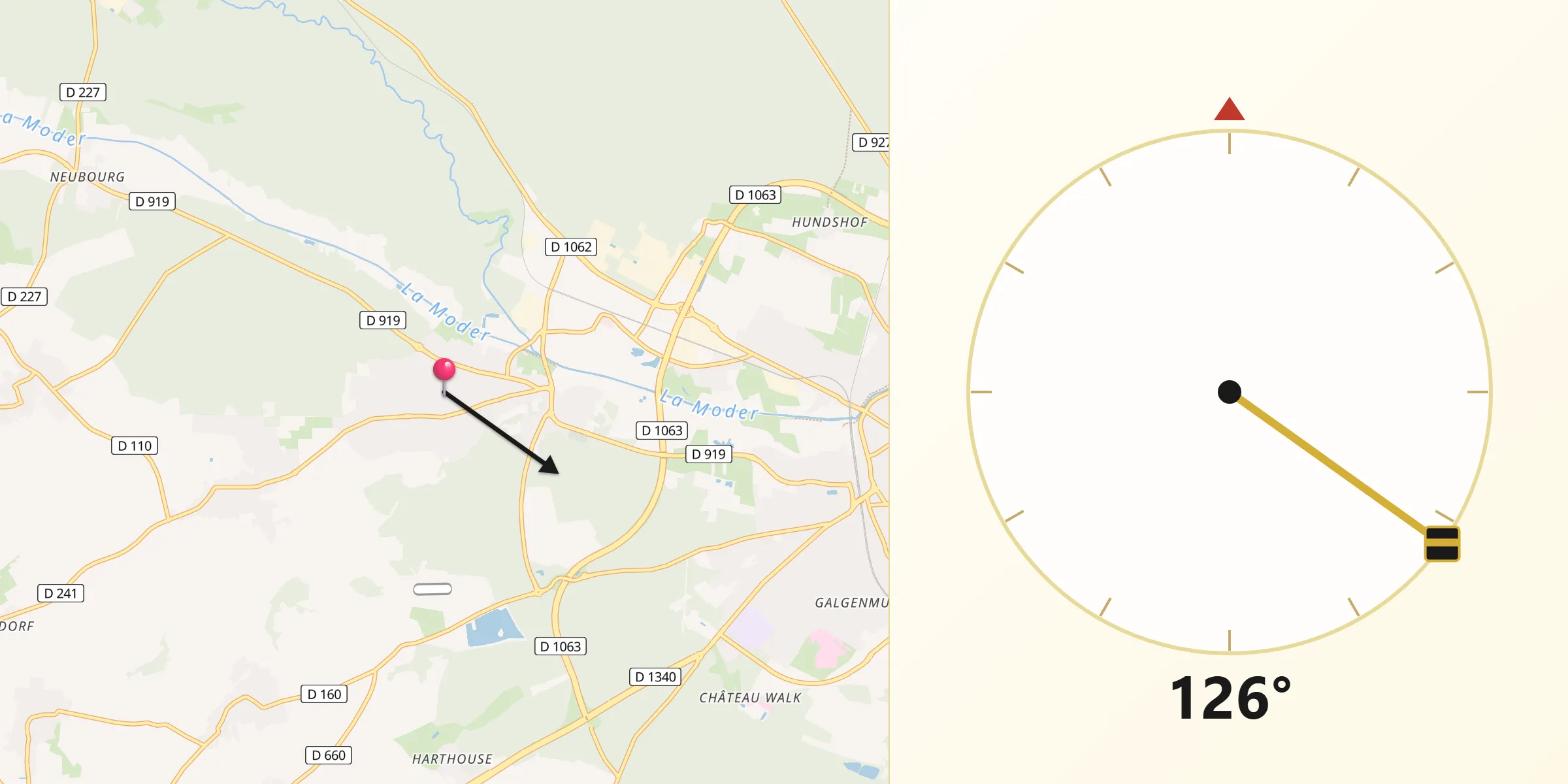 Direction vers la Qibla depuis Schweighouse-sur-Moder
