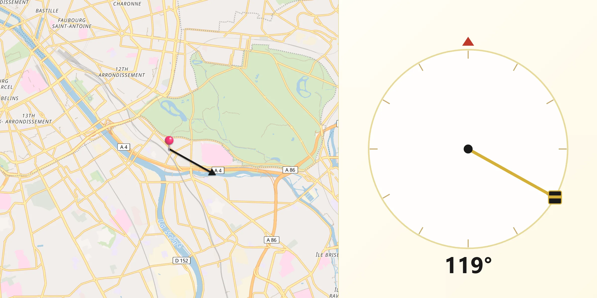 Direction vers la Qibla depuis Charenton-le-Pont