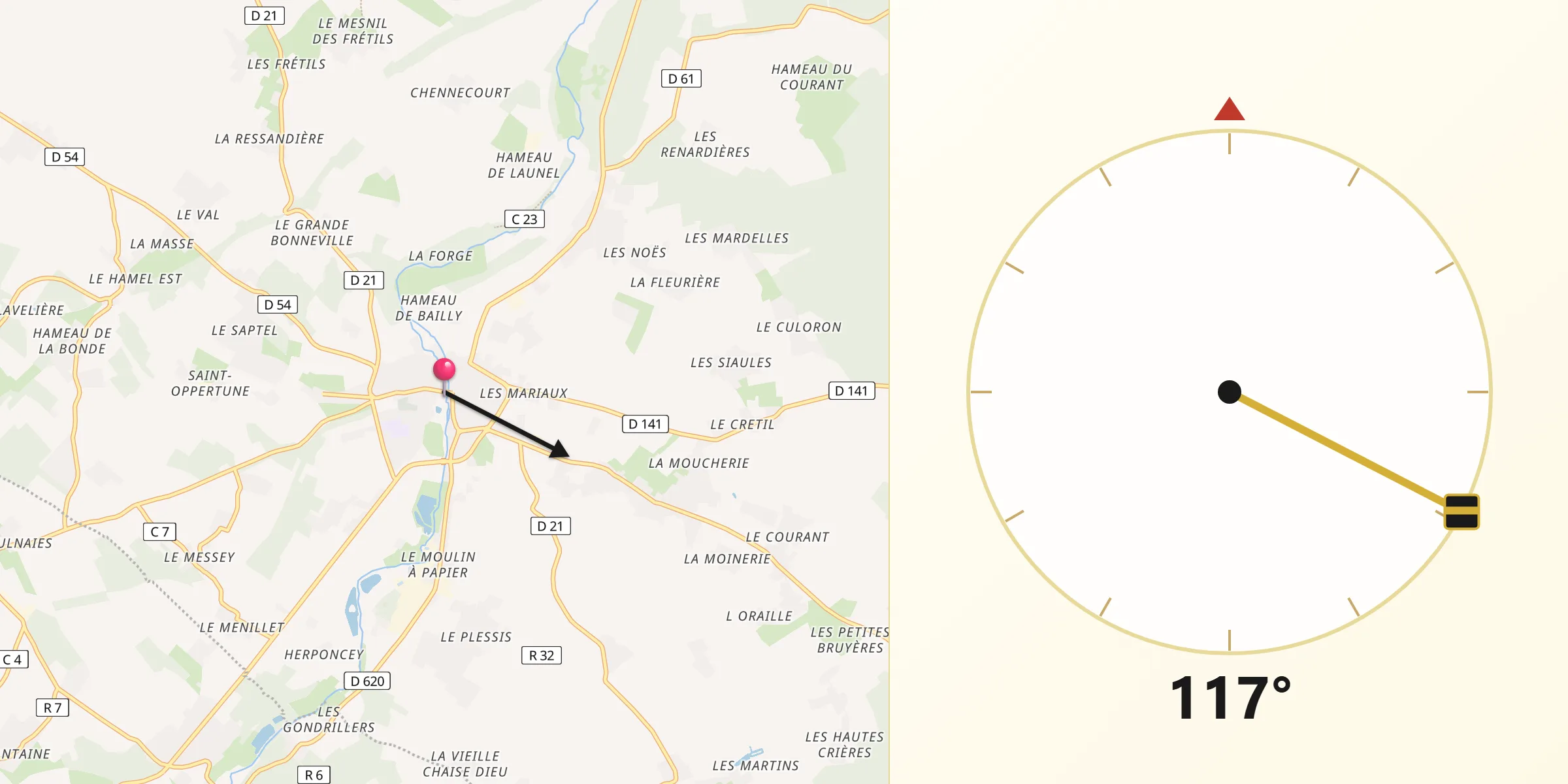 Direction vers la Qibla depuis Rugles