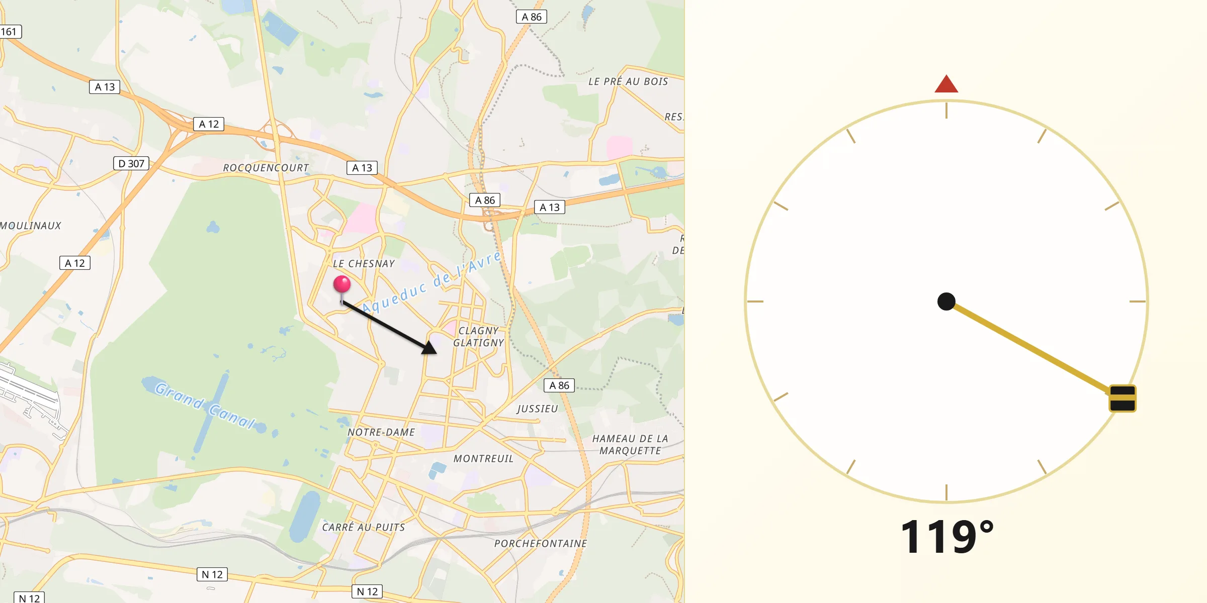 Direction vers la Qibla depuis Le Chesnay