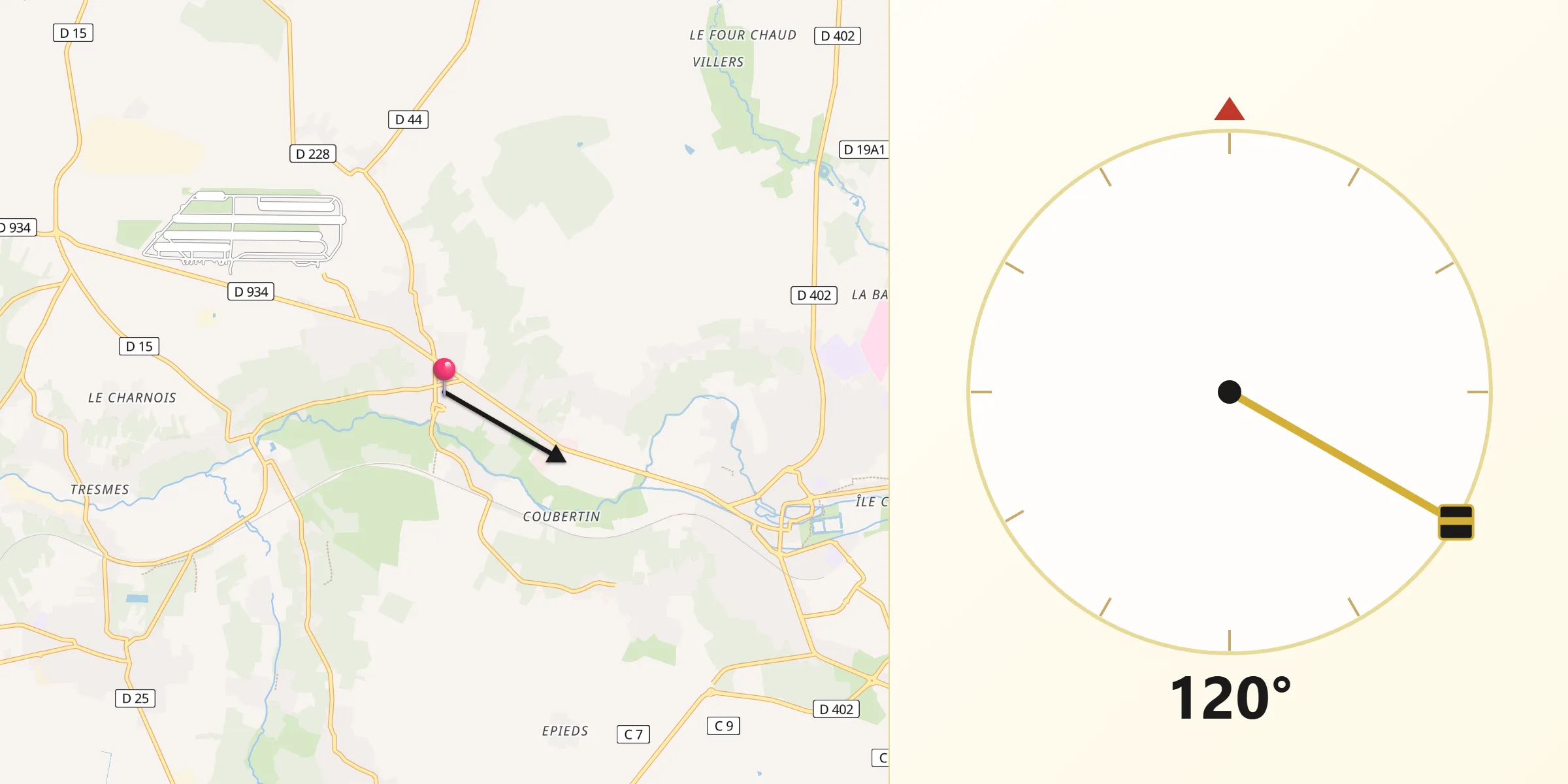 Direction vers la Qibla depuis Mouroux