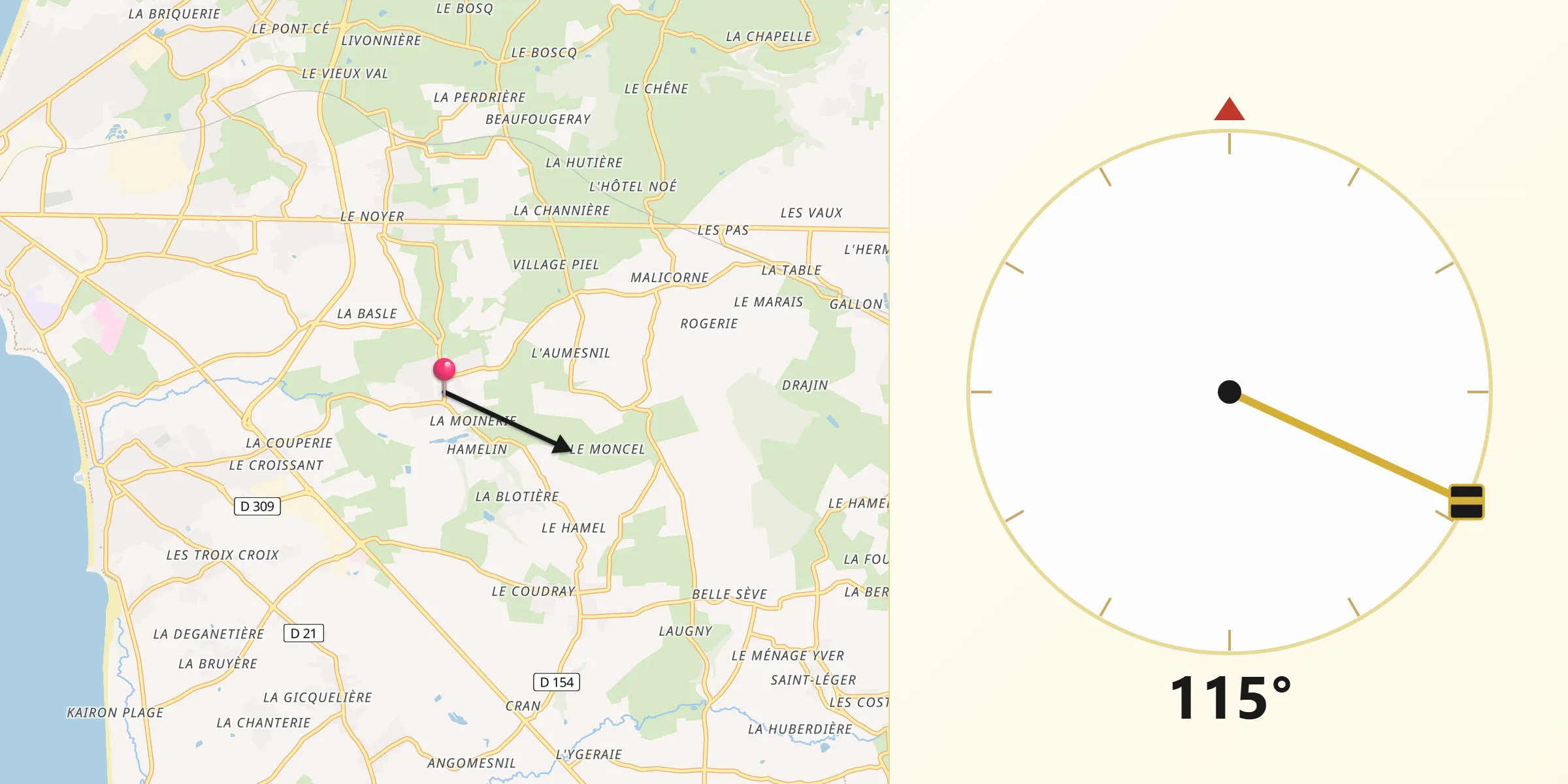 Direction vers la Qibla depuis Saint-Planchers