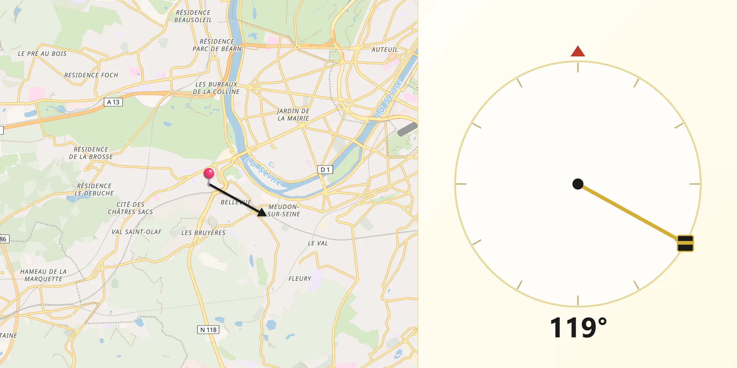 Direction vers la Qibla depuis Sèvres