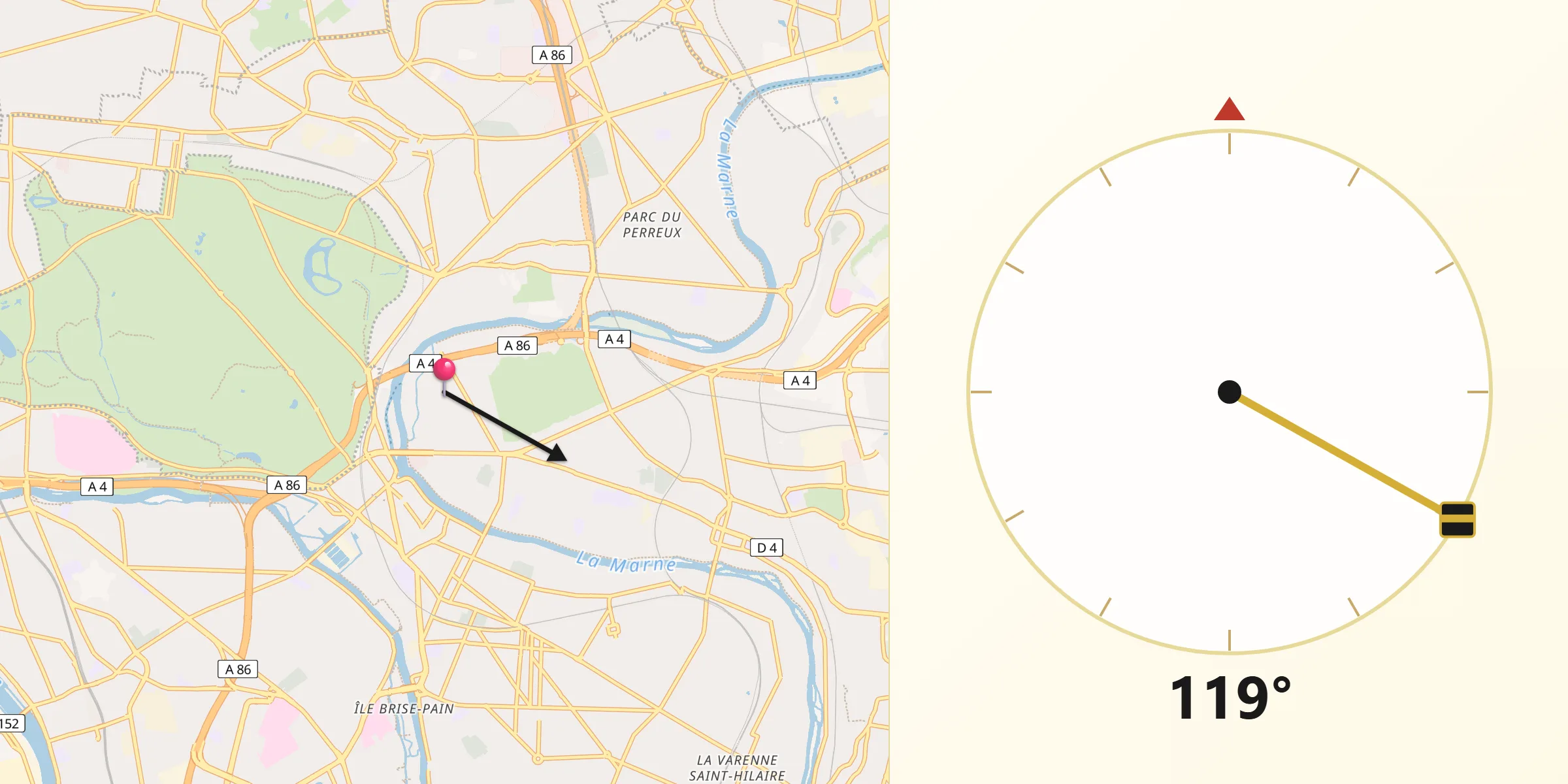Direction vers la Qibla depuis Joinville-le-Pont