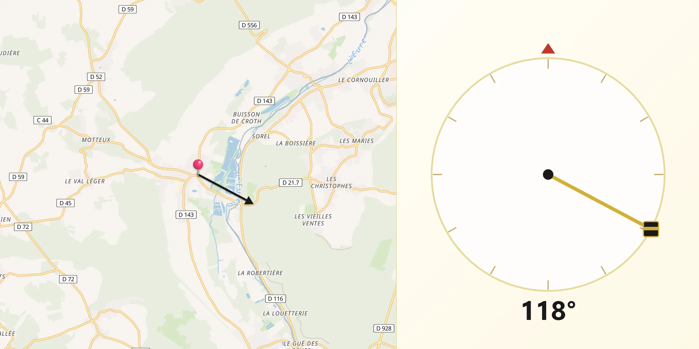 Direction vers la Qibla depuis Marcilly-sur-Eure