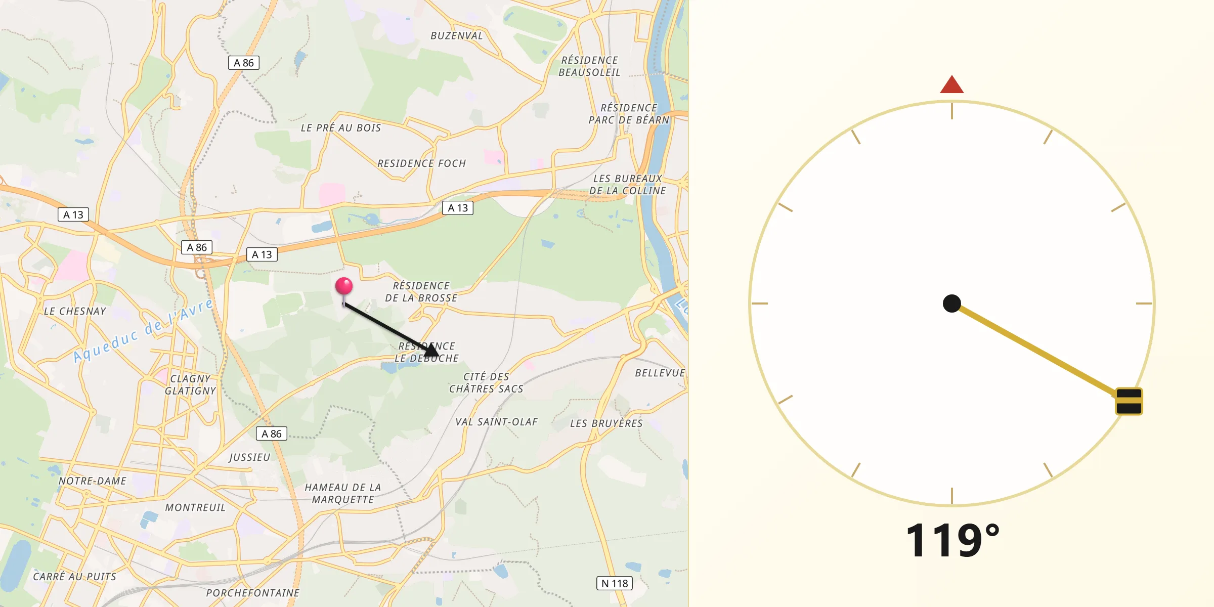 Direction vers la Qibla depuis Marnes-la-Coquette