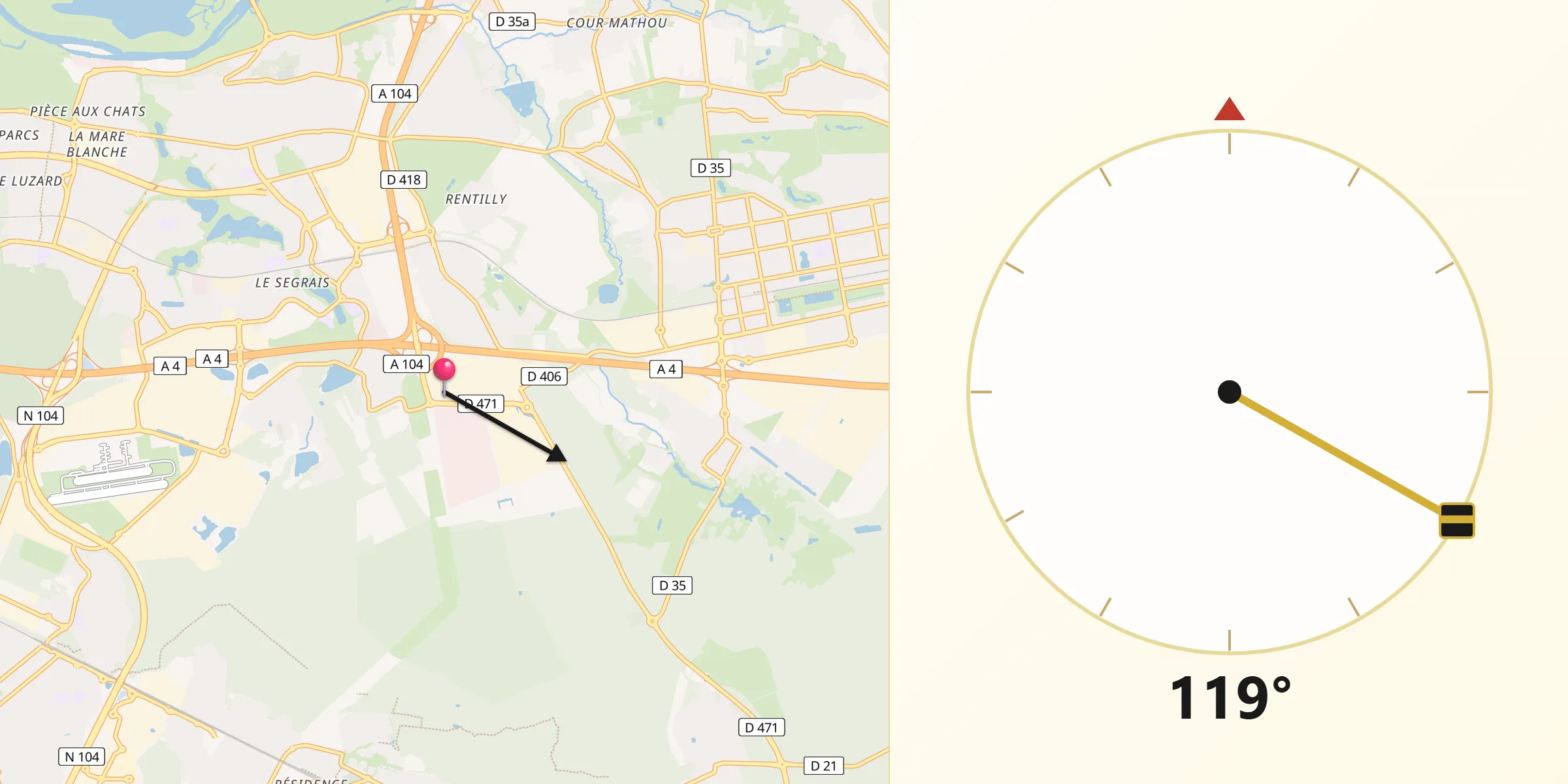 Direction vers la Qibla depuis Croissy-Beaubourg