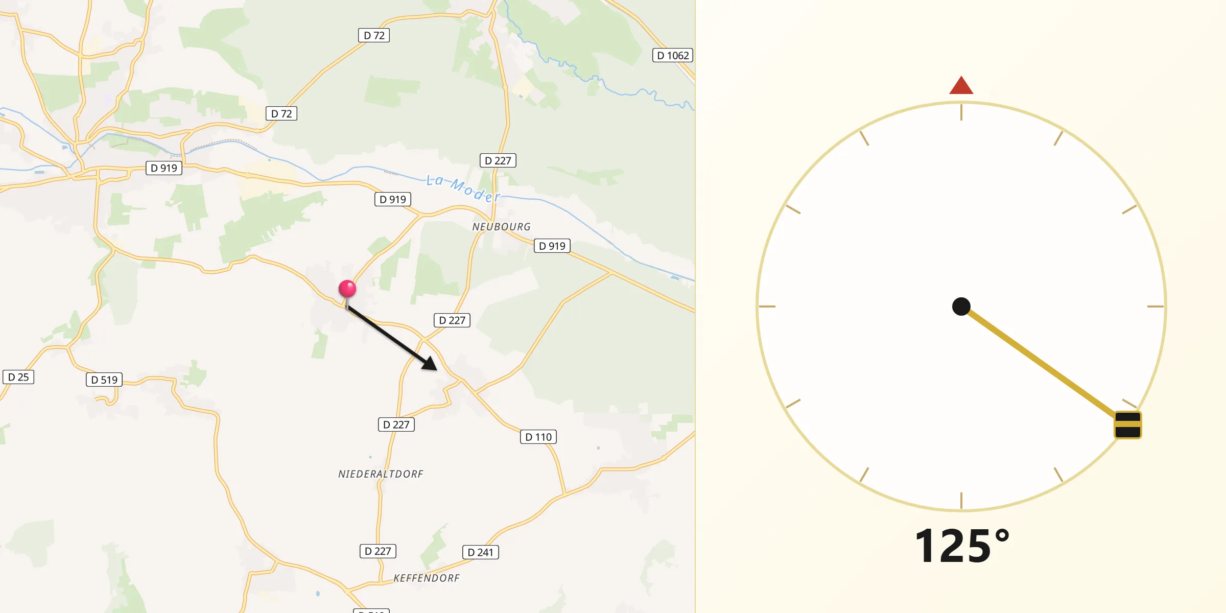 Direction vers la Qibla depuis Dauendorf