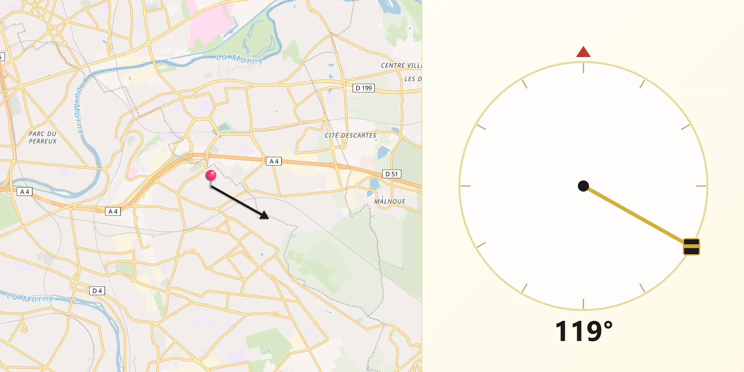 Direction vers la Qibla depuis Villiers-sur-Marne