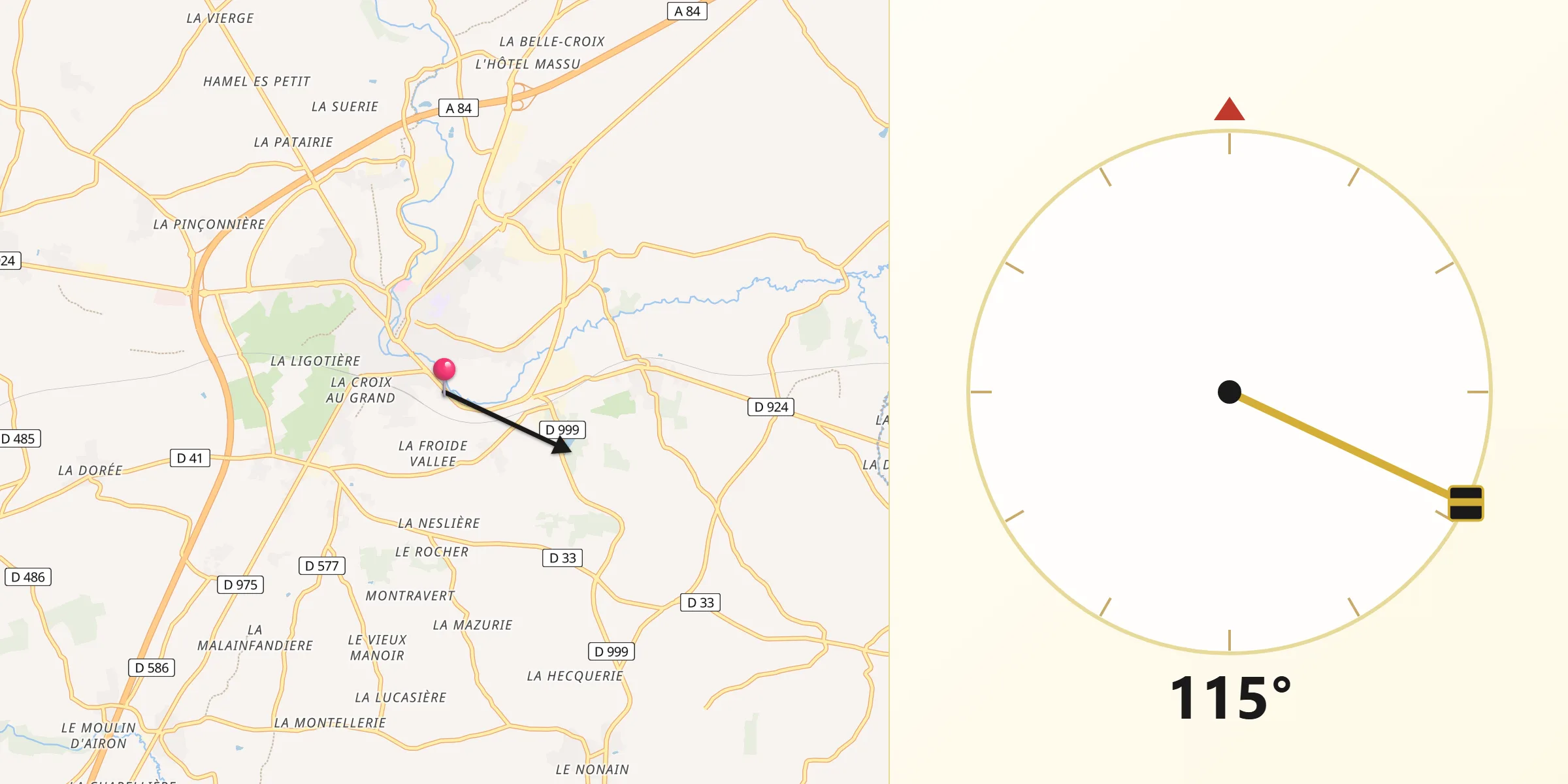 Direction vers la Qibla depuis Villedieu-les-Poêles