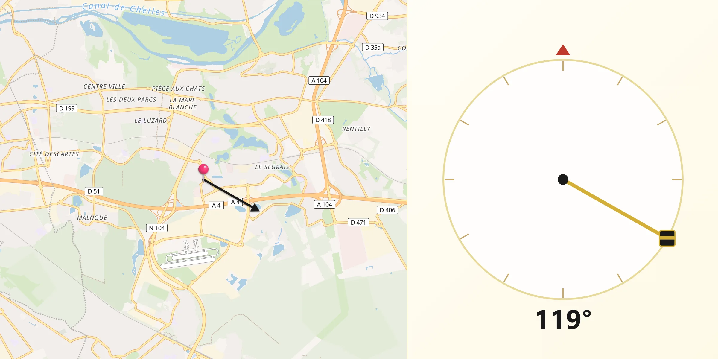 Direction vers la Qibla depuis Lognes