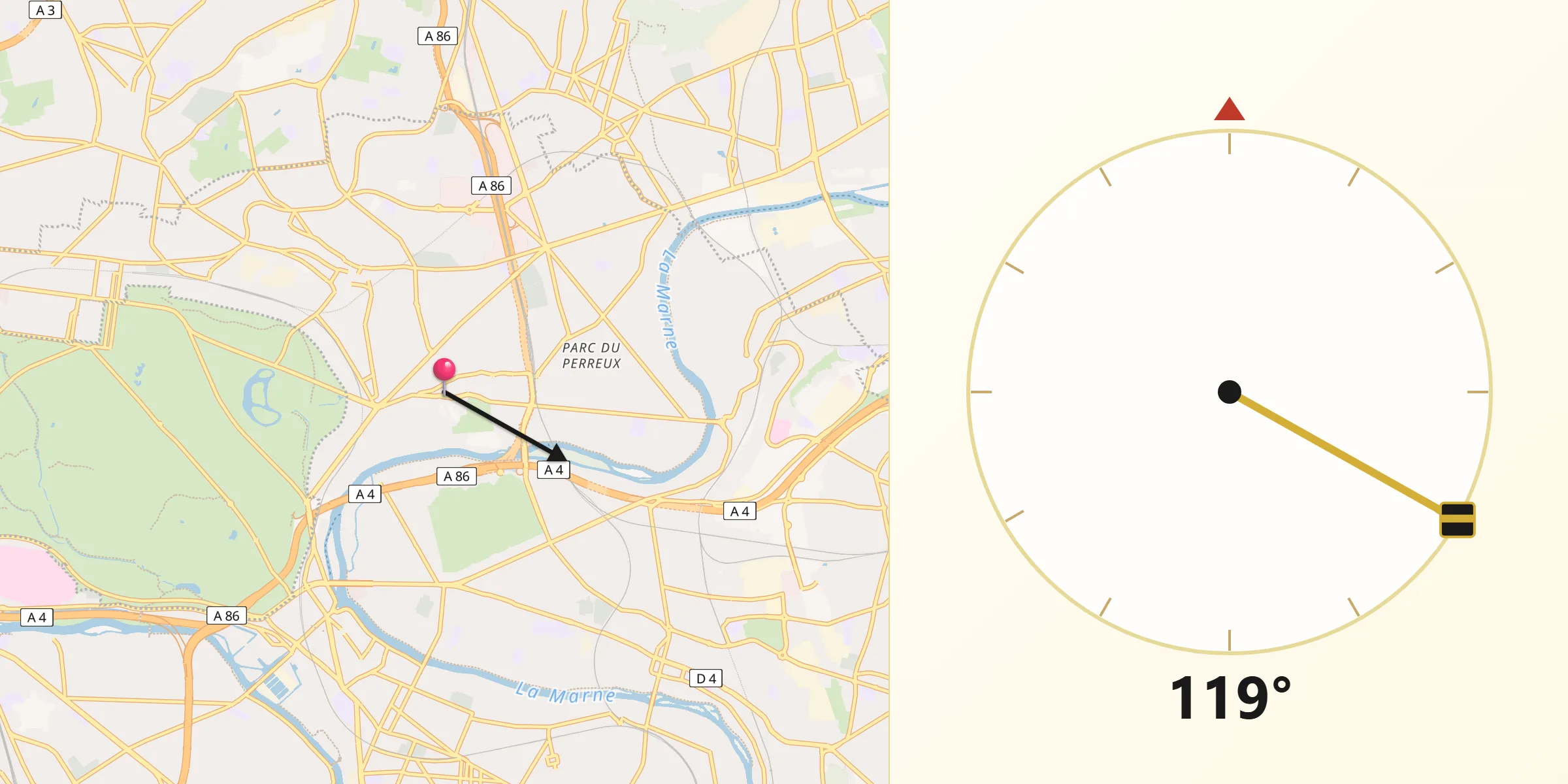 Direction vers la Qibla depuis Nogent-sur-Marne