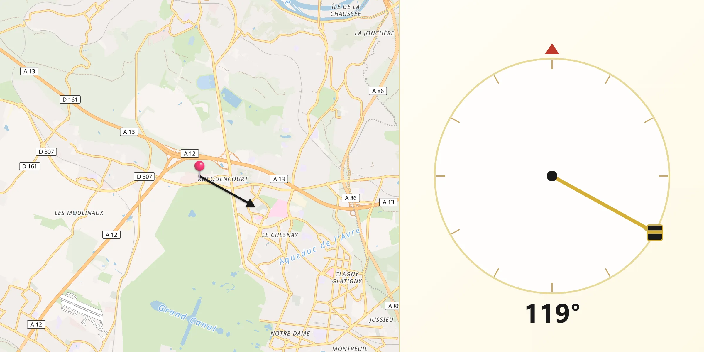 Direction vers la Qibla depuis Rocquencourt