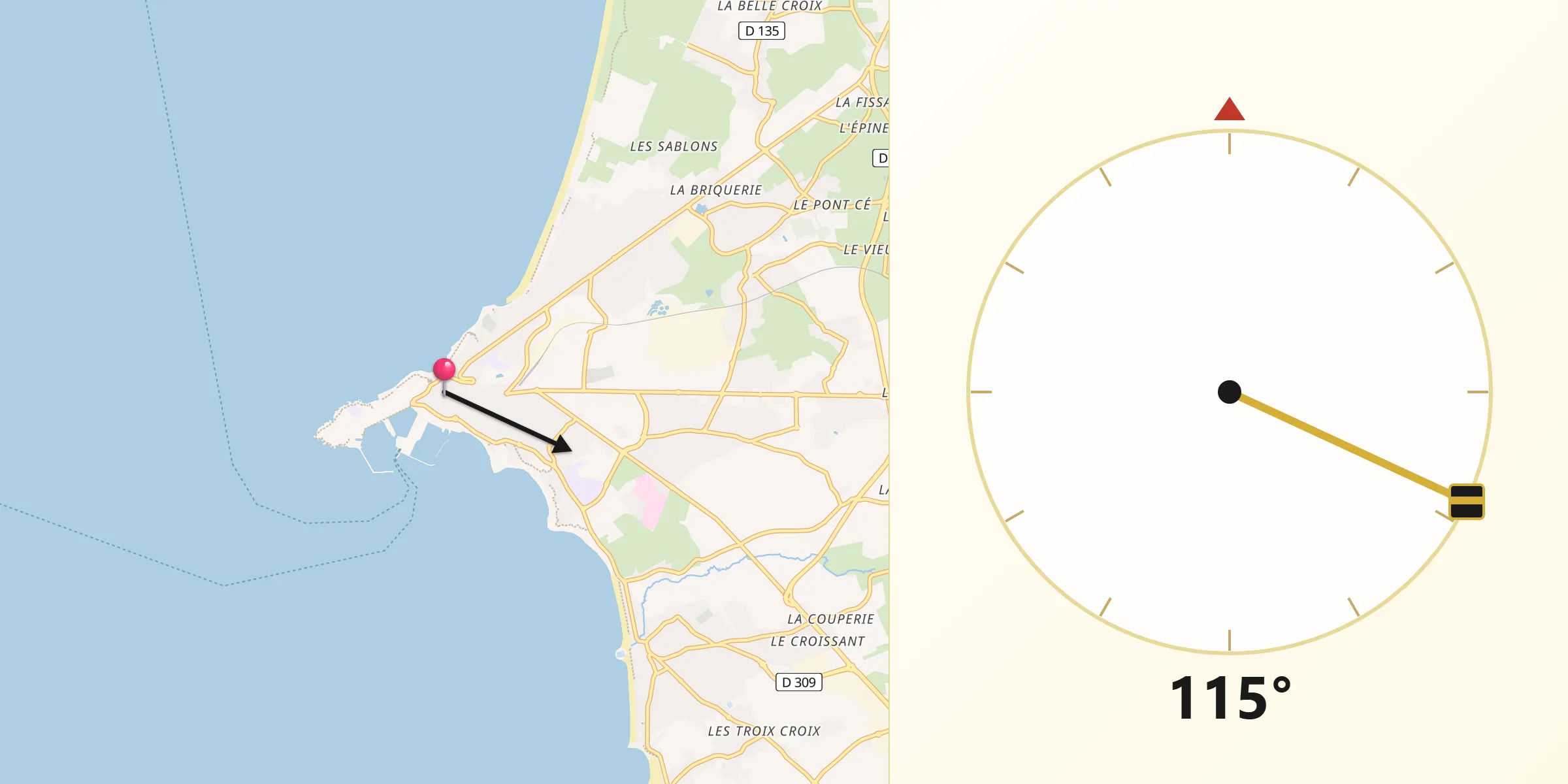 Direction vers la Qibla depuis Granville