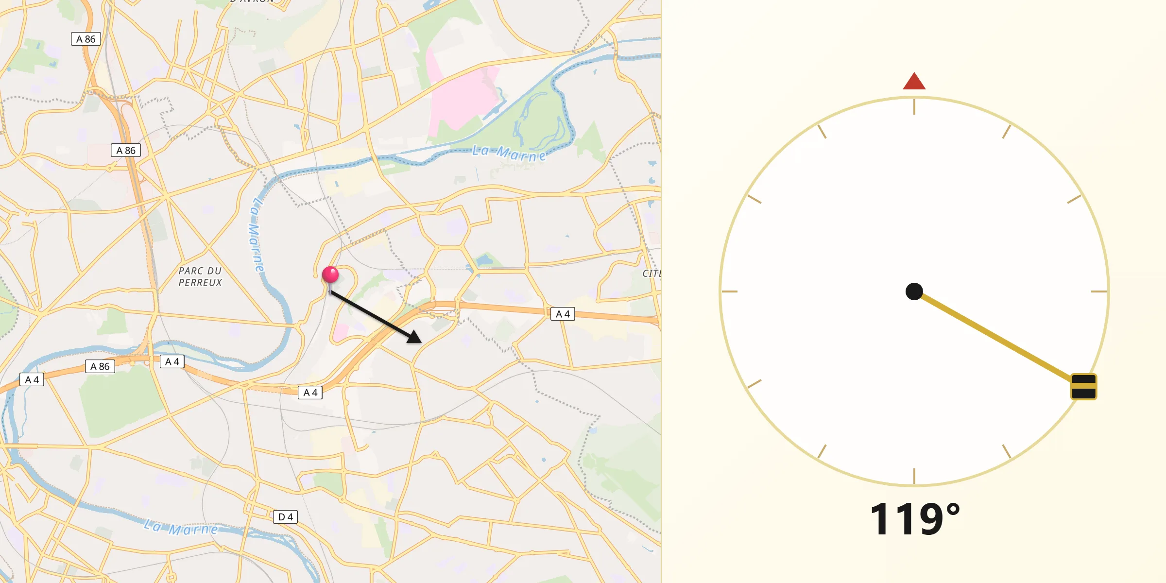 Direction vers la Qibla depuis Bry-sur-Marne