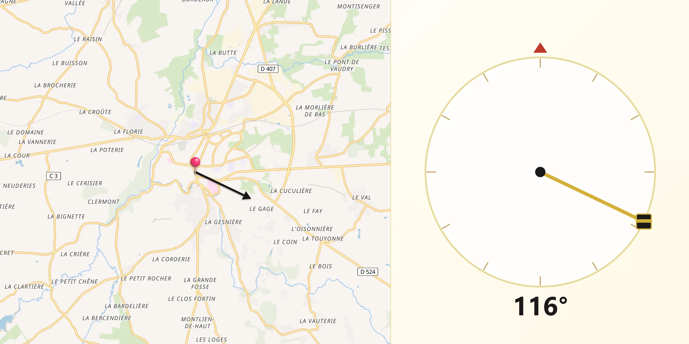 Direction vers la Qibla depuis Vire