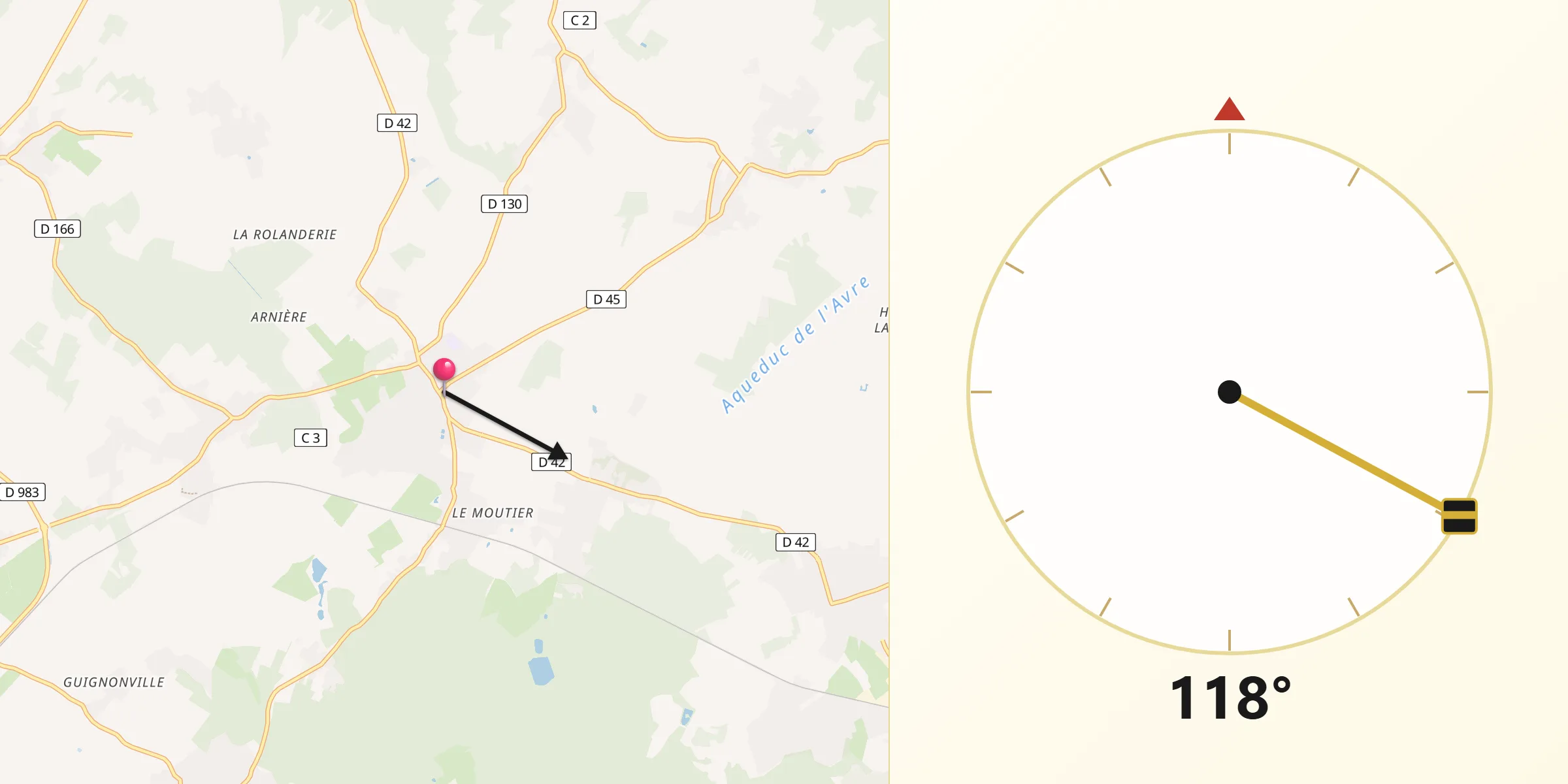 Direction vers la Qibla depuis Orgerus