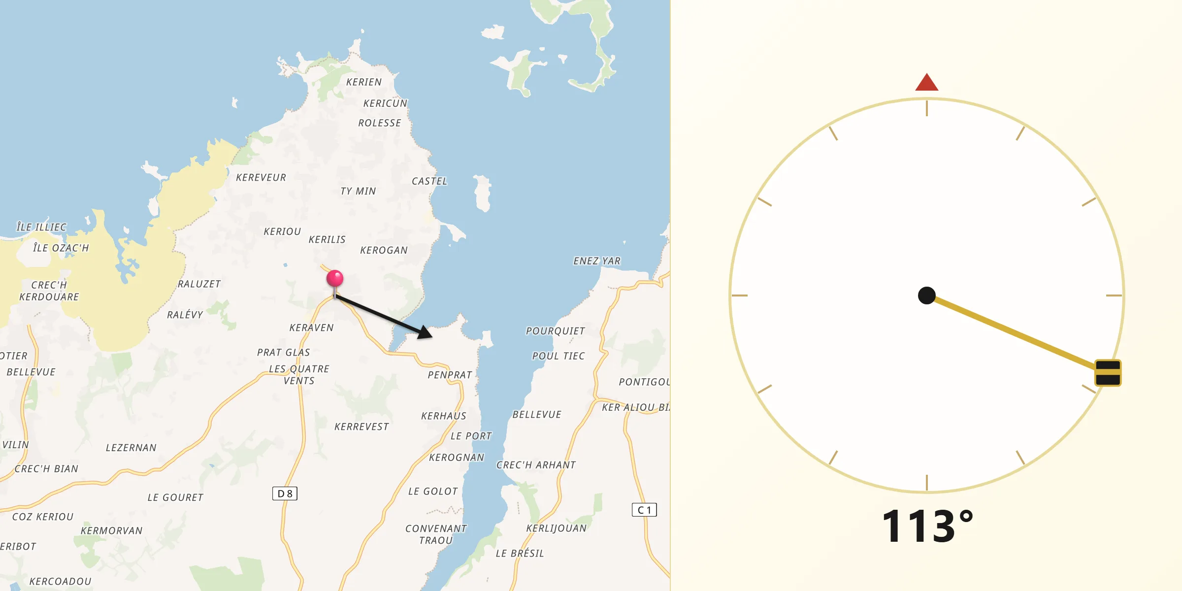 Direction vers la Qibla depuis Plougrescant