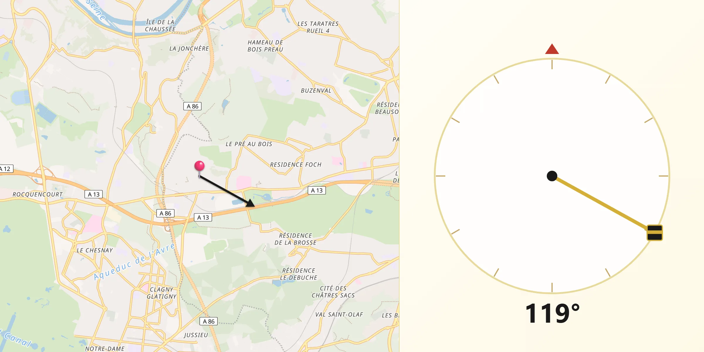 Direction vers la Qibla depuis Vaucresson