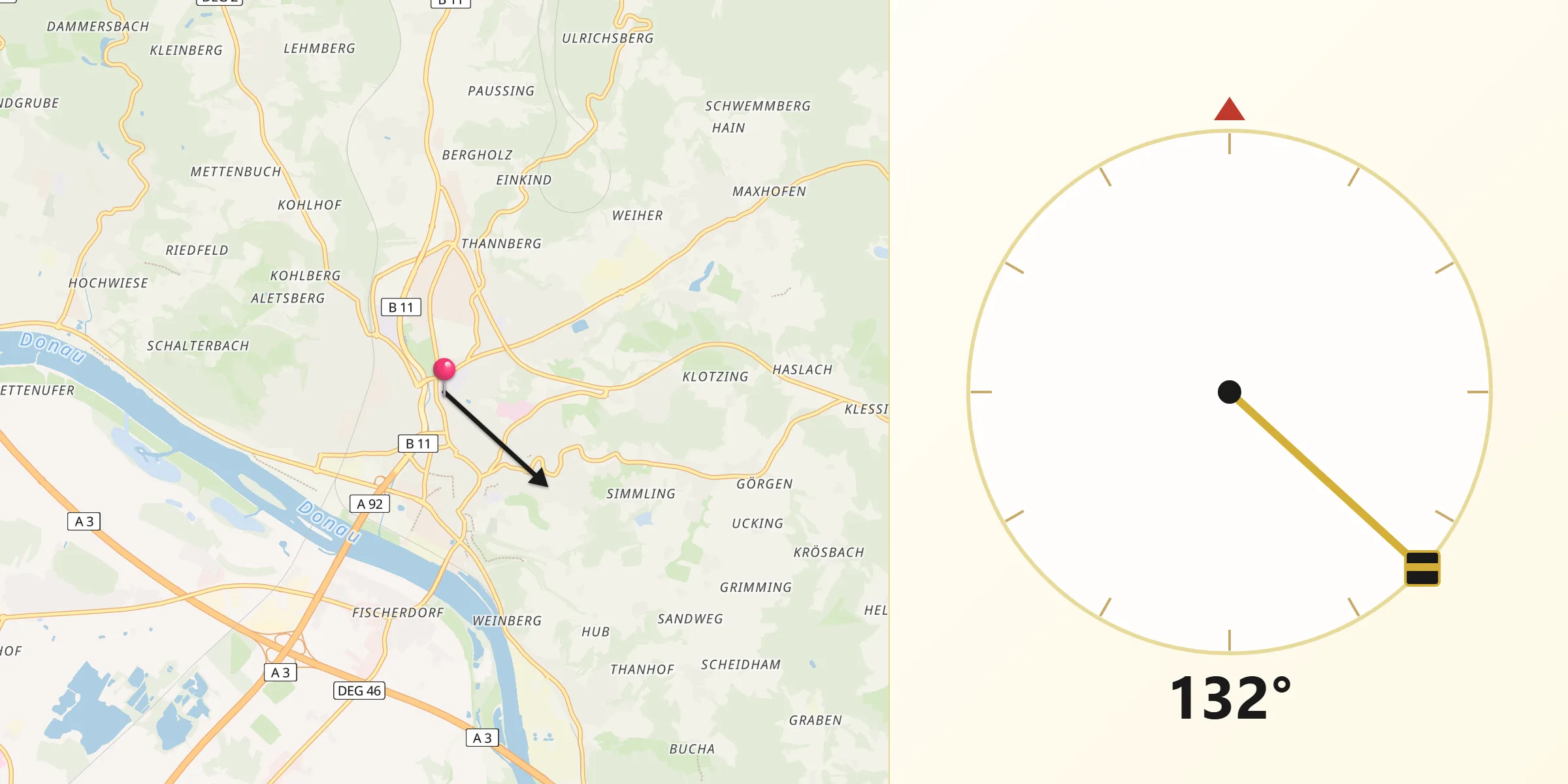Qibla-Richtung von Deggendorf