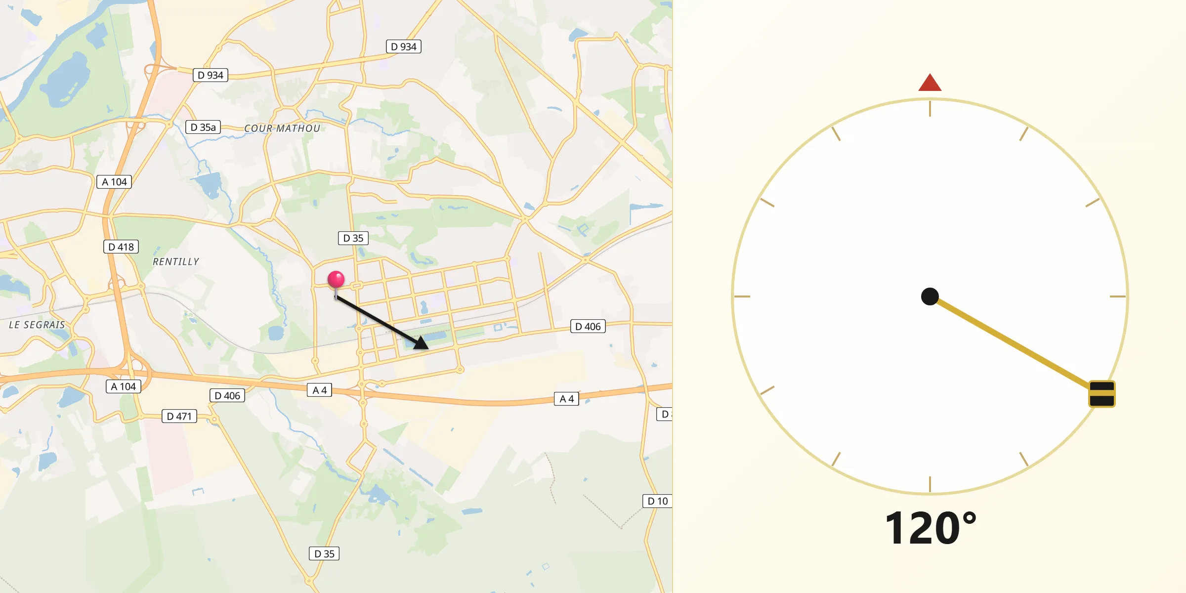 Direction vers la Qibla depuis Bussy-Saint-Georges