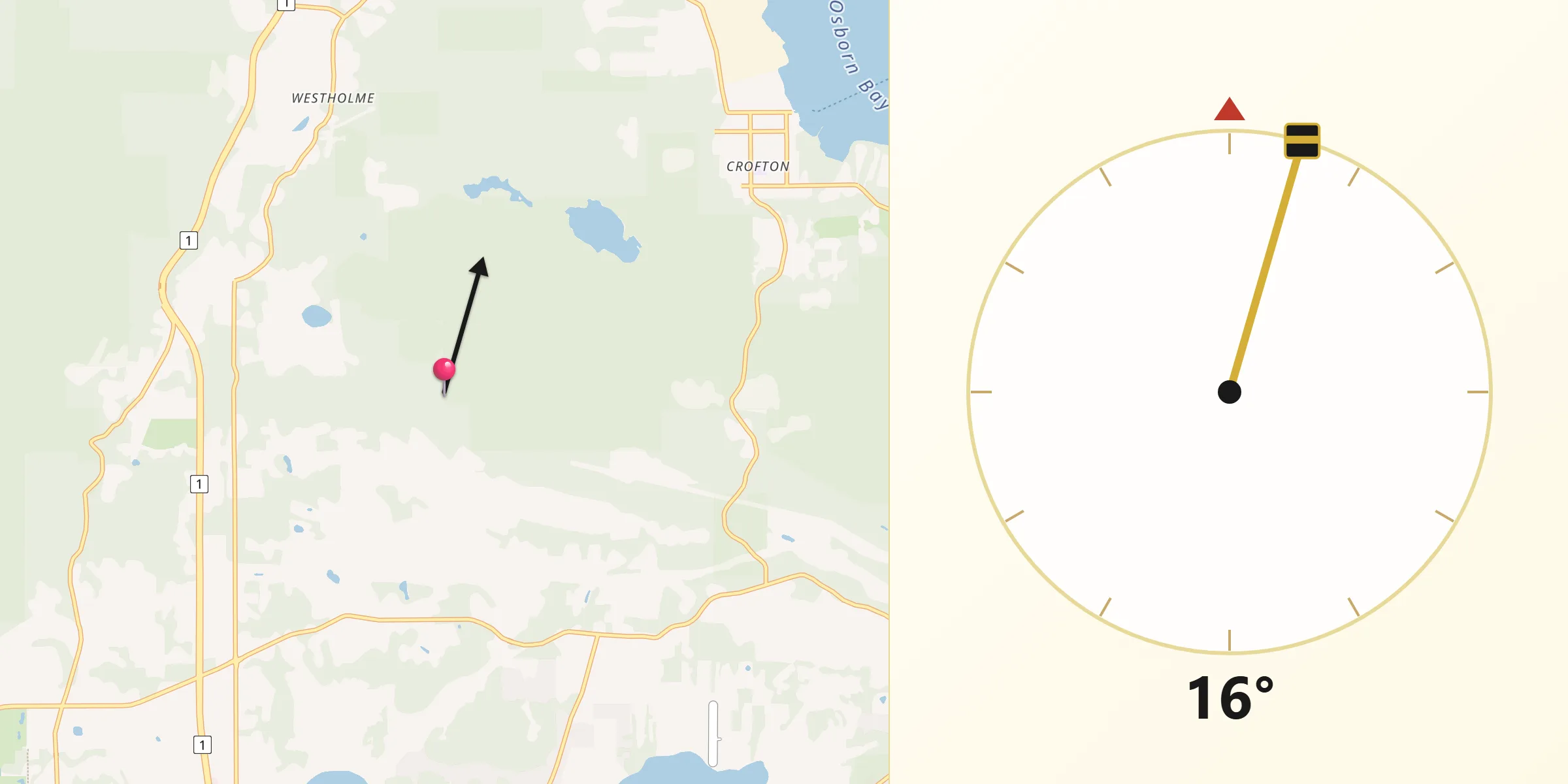 Qibla Direction from North Cowichan