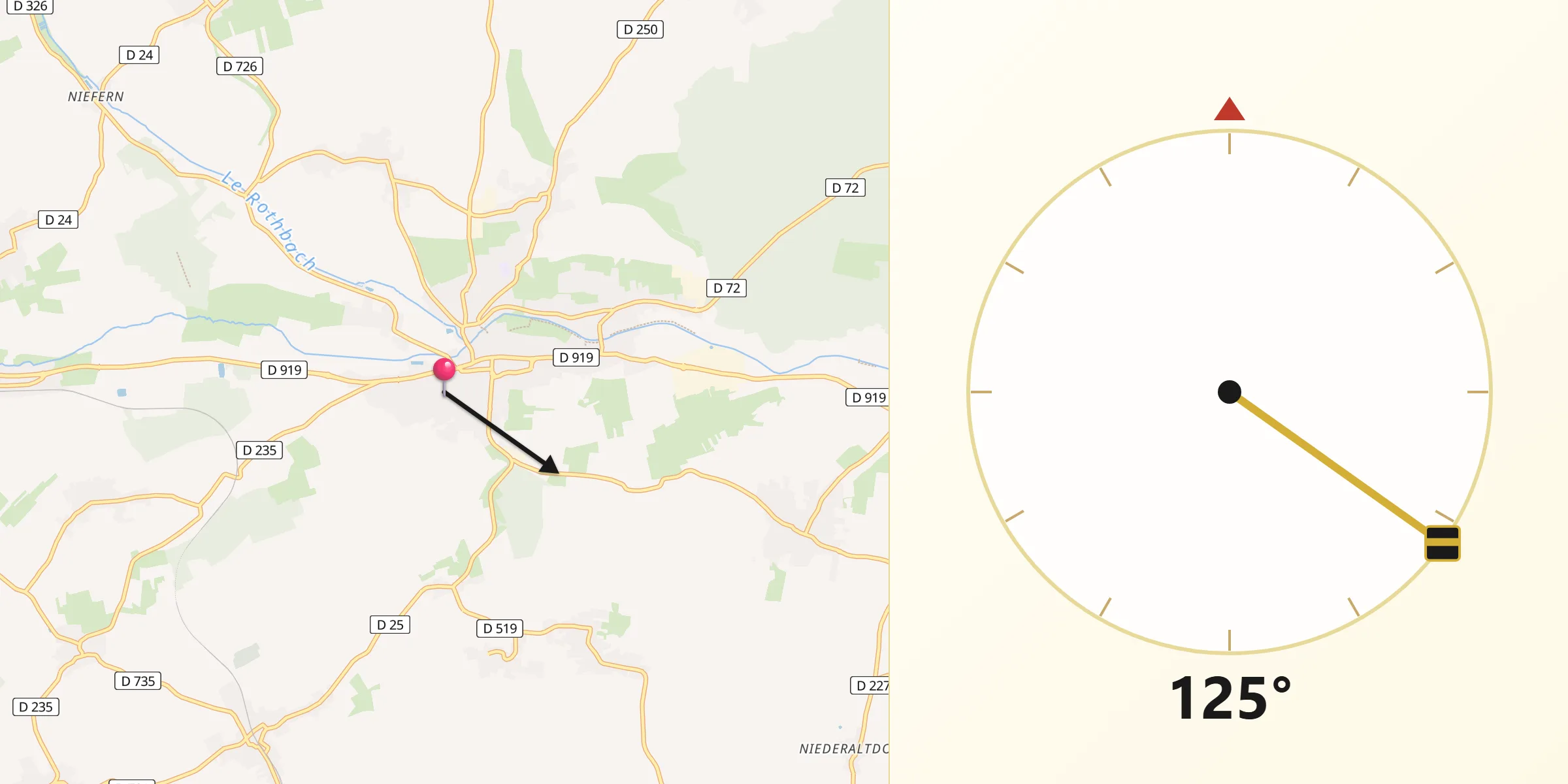 Direction vers la Qibla depuis Pfaffenhoffen